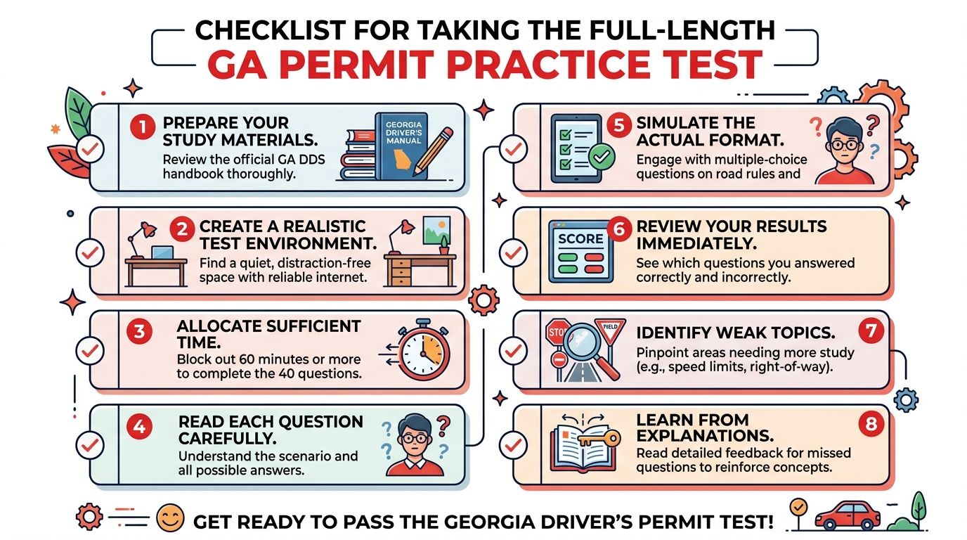 A checklist infographic guiding students on how to prepare for the Georgia driver's permit practice test.