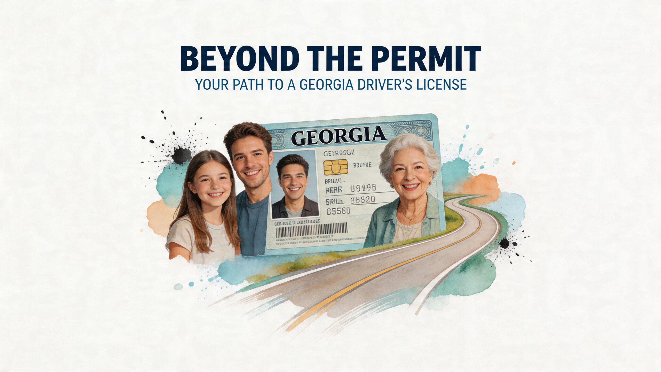 A graphic featuring a Georgia driver's license with diverse people illustrating the path to licensure.
