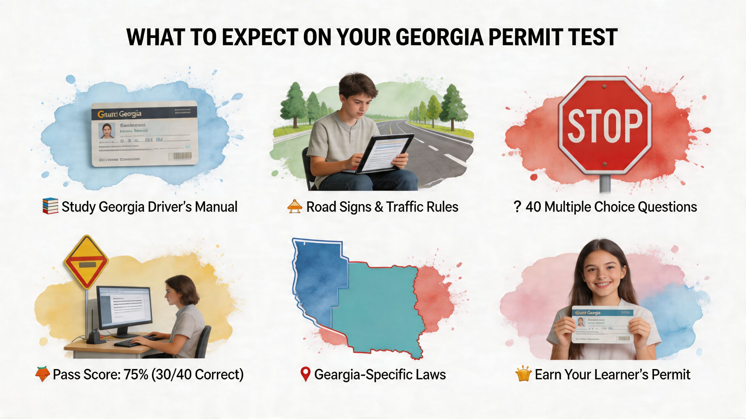 An infographic detailing the requirements and process for taking the Georgia driver's permit test.