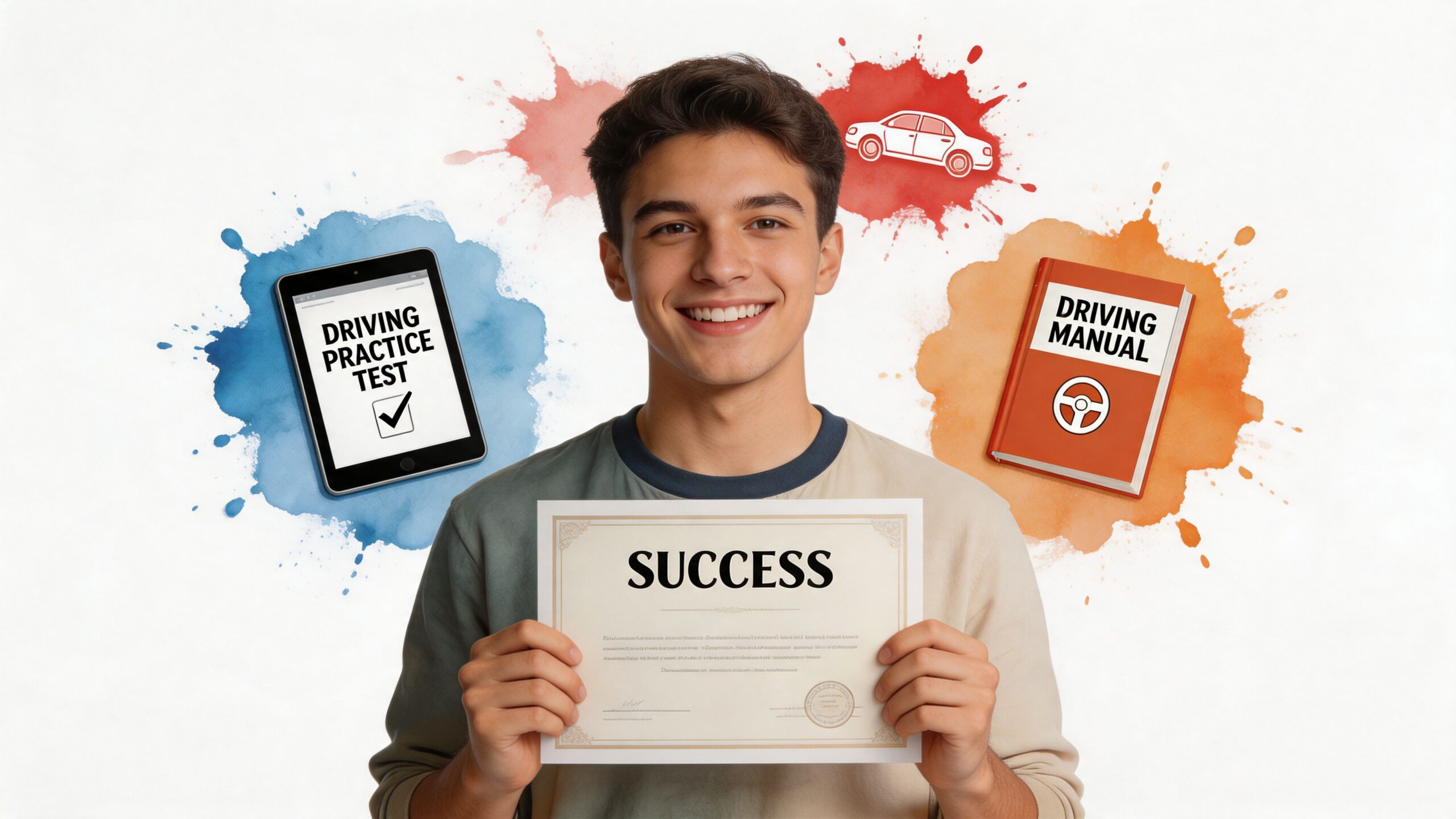 A happy young man holding a success certificate with icons of a driving test and manual nearby.