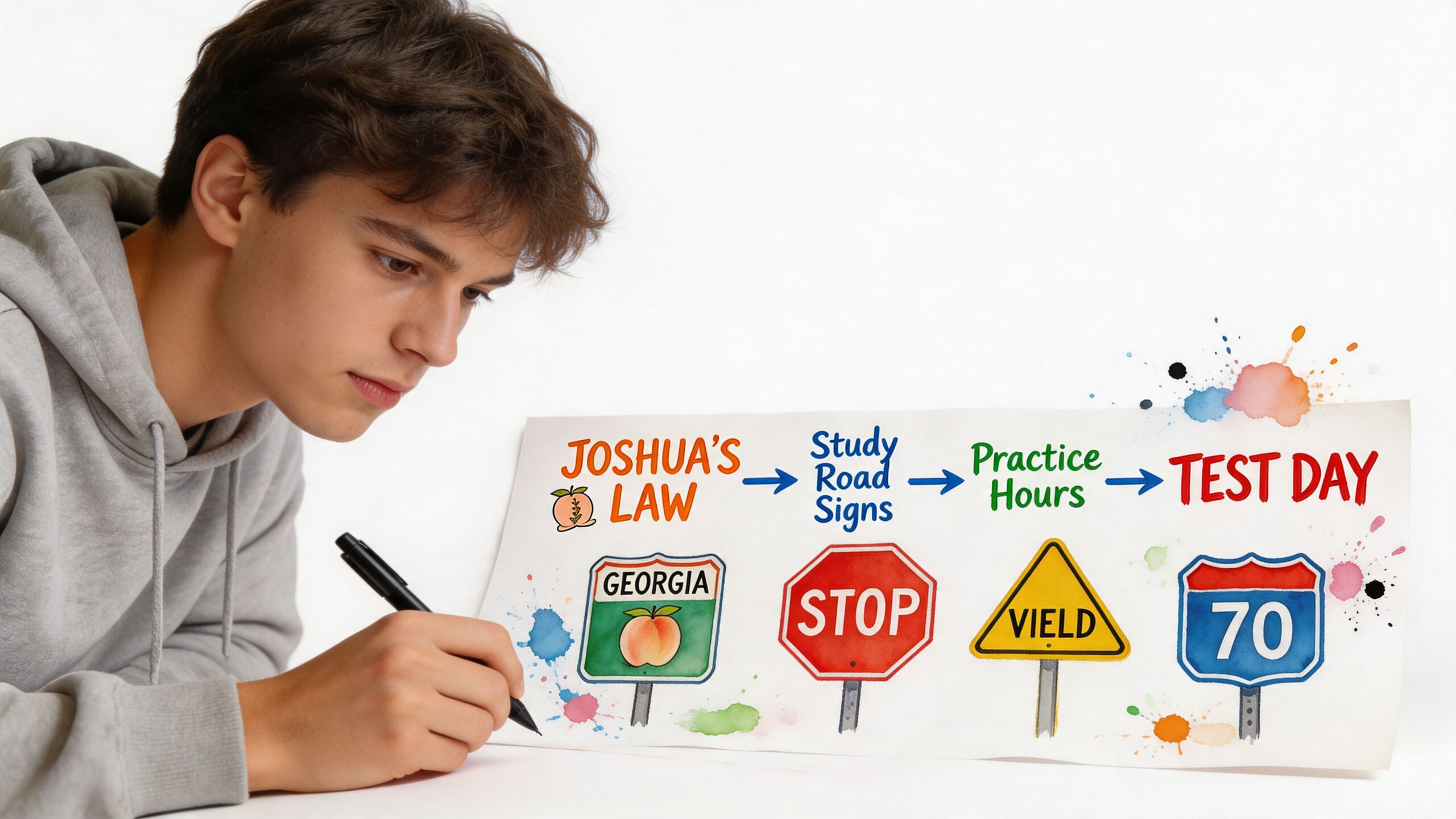A young man studying for a driver license test with illustrations of road signs and Joshua's Law.