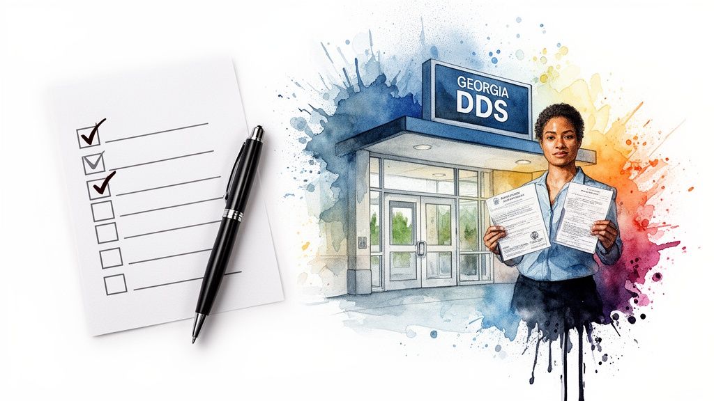 A woman holds documents in front of a Georgia DDS building with a checklist nearby.