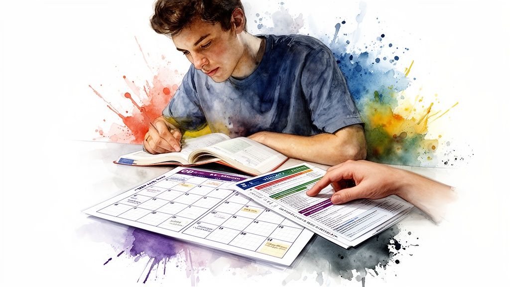 A student studying for a commercial driver license exam using a calendar and practice study materials.