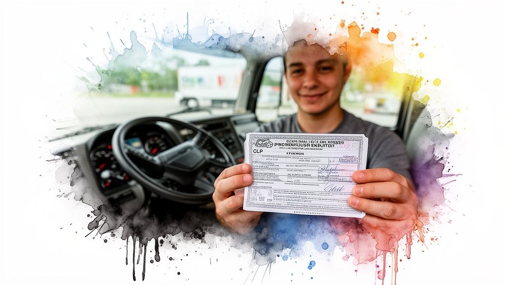 A smiling young man sitting in a truck cab holding his Georgia commercial learner's permit document.