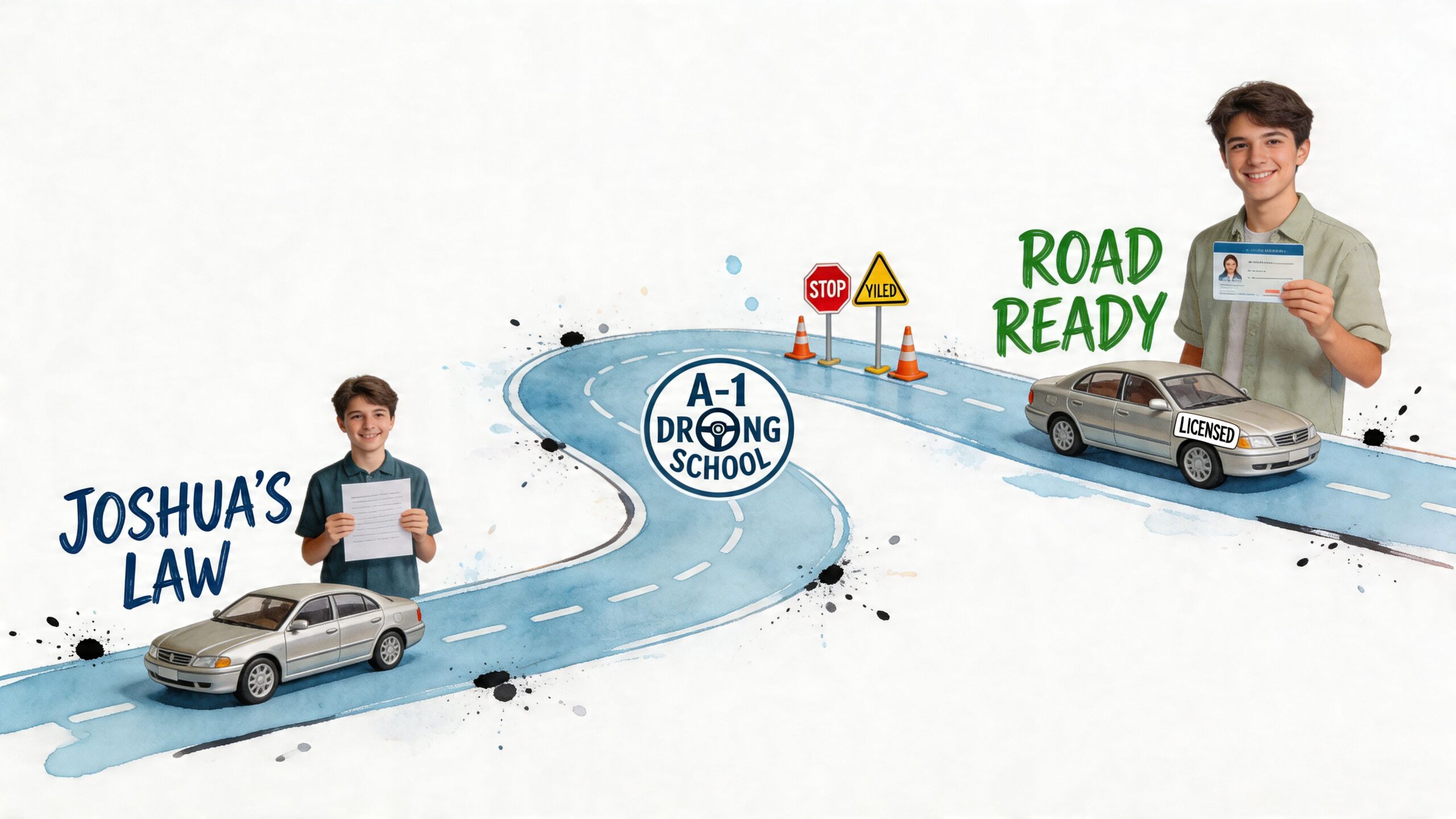 A young boy holds a document, followed by a driving school logo and a teenager holding a license.
