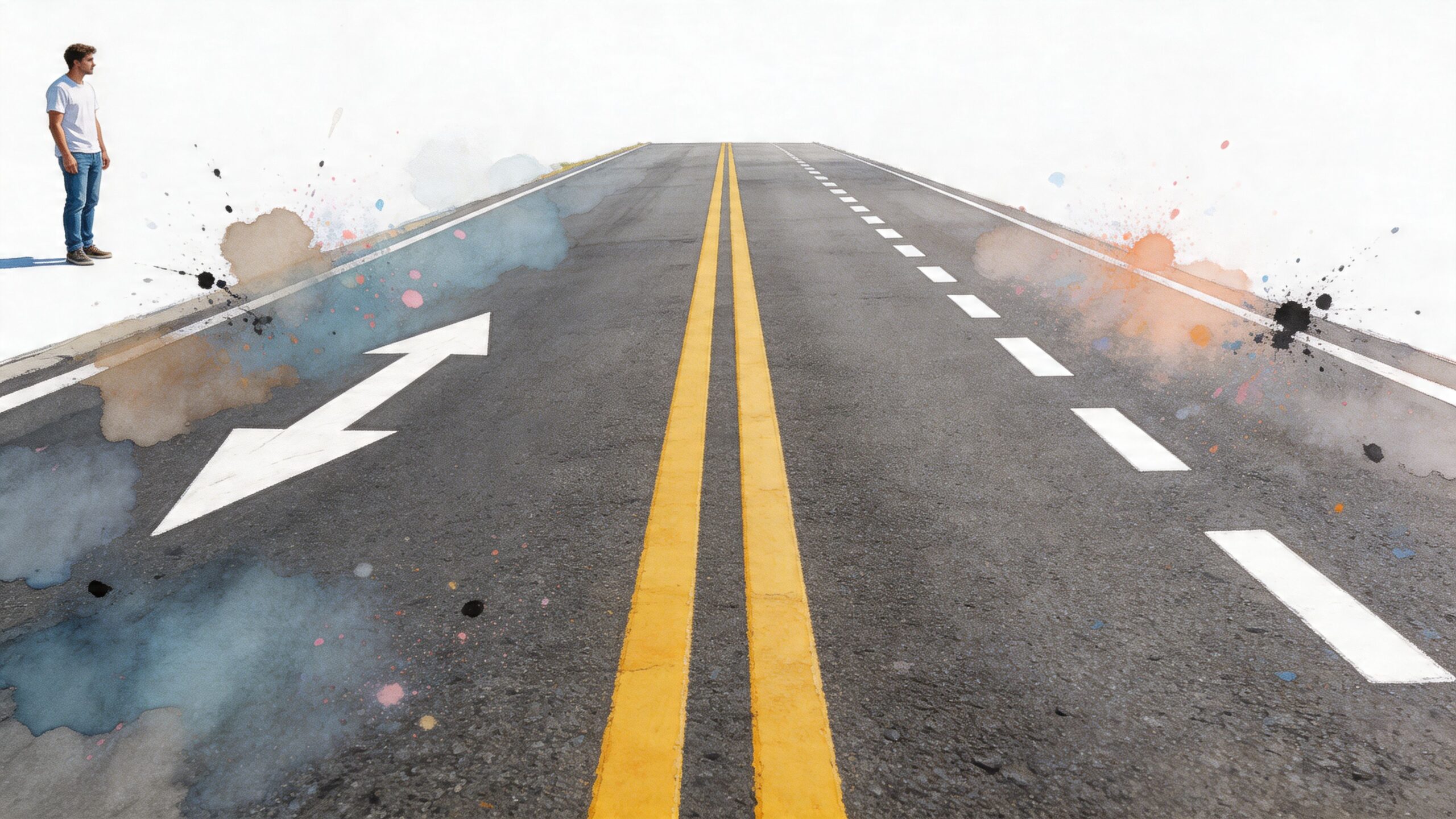 A man standing beside a road with double-sided arrow painted on the asphalt and watercolor paint splashes.