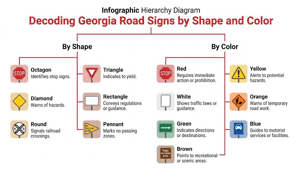 A hierarchy diagram explaining the shapes and colors of Georgia road signs for driver education.