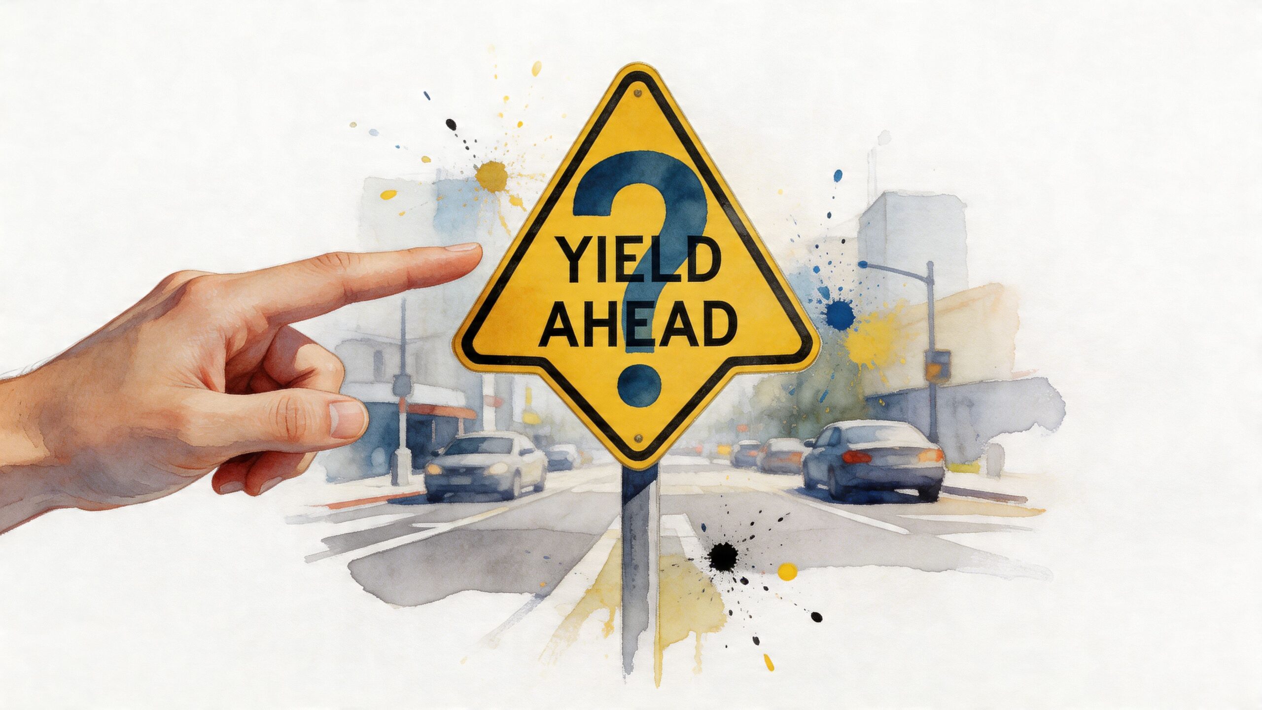 A hand pointing at a yellow road sign labeled Yield Ahead with a large question mark.