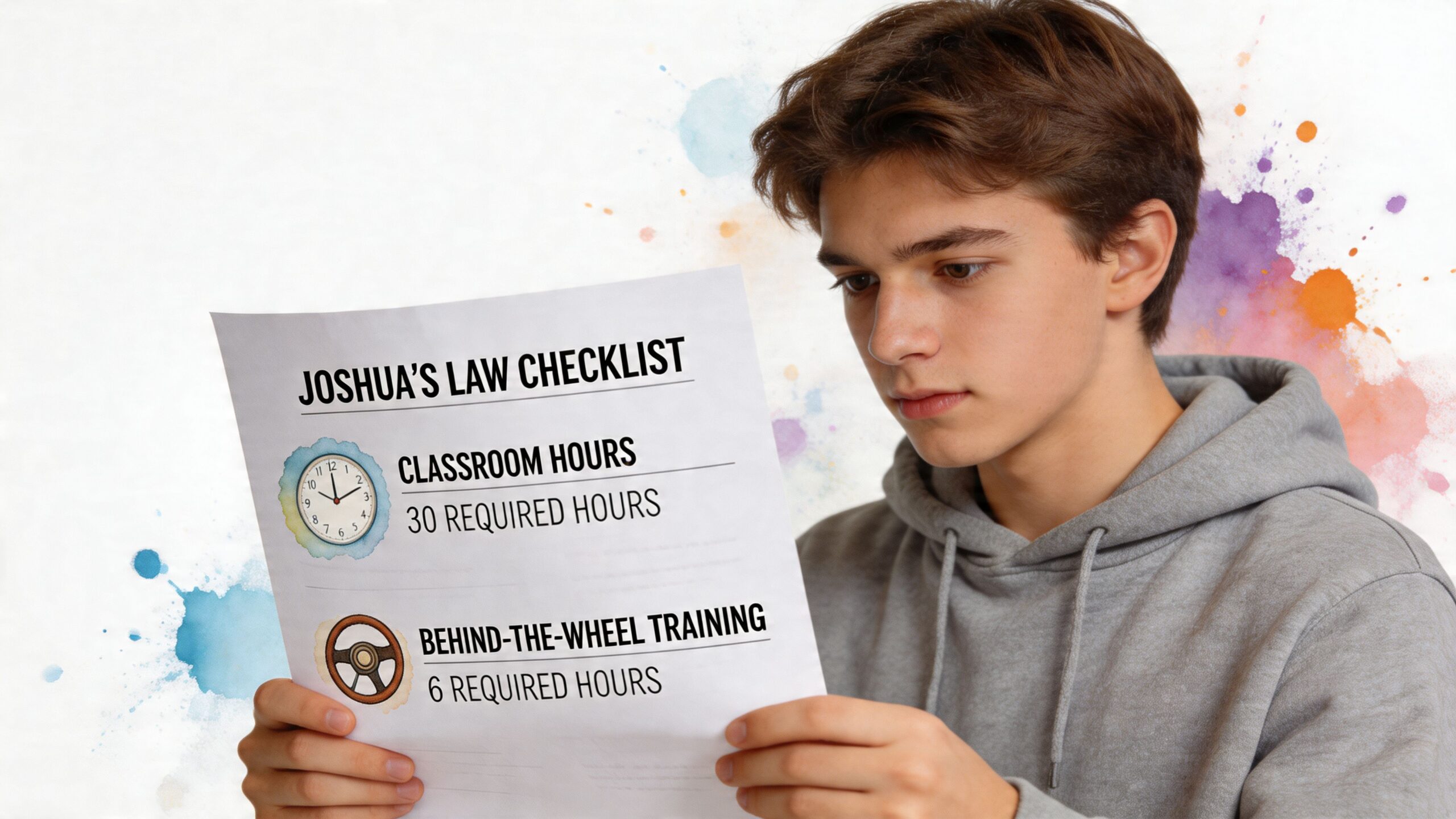 A young man holds a paper showing Joshua's Law checklist requirements for driver education training.