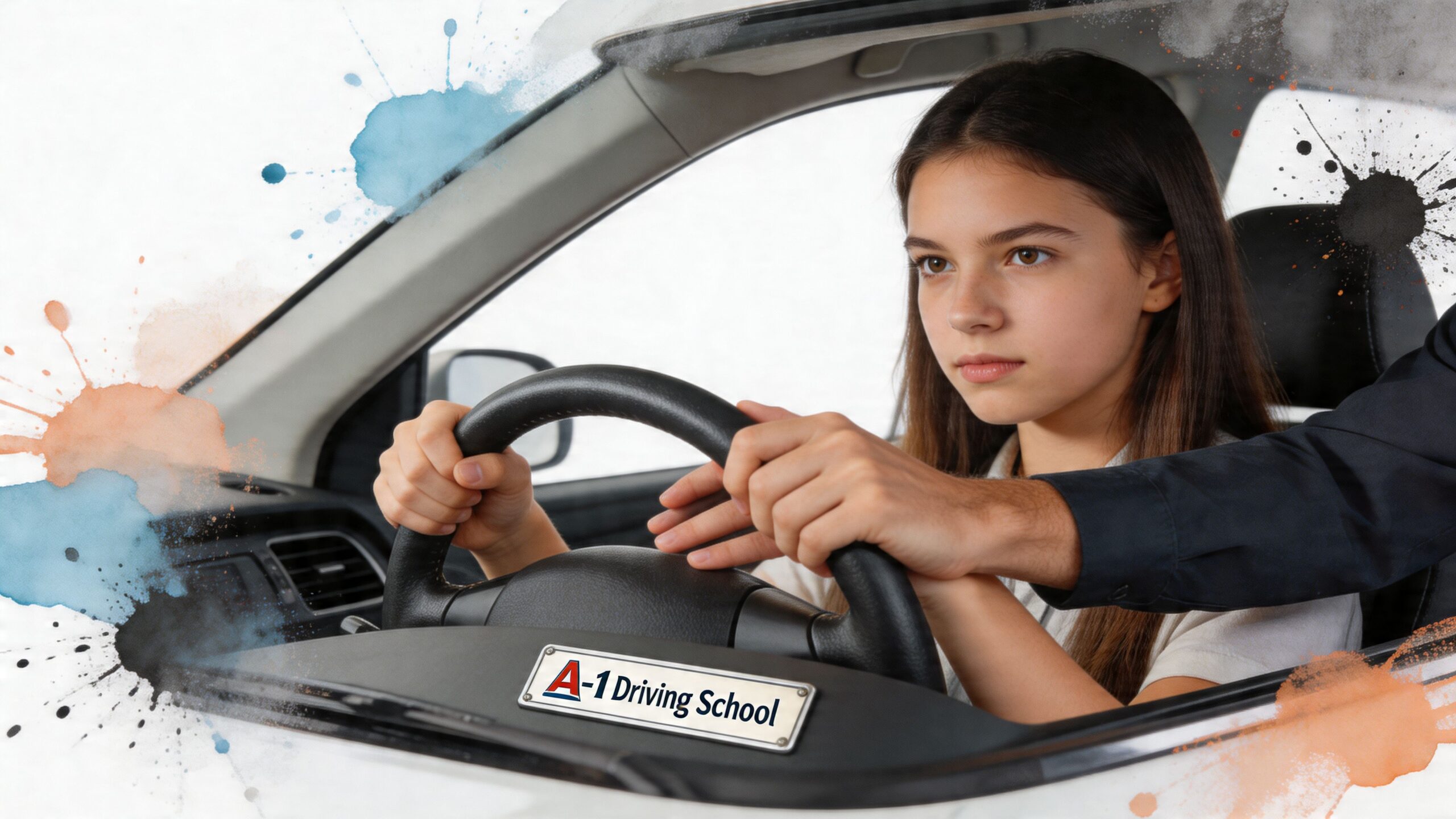A young female student practices driving with an instructor in a car during a driving lesson.