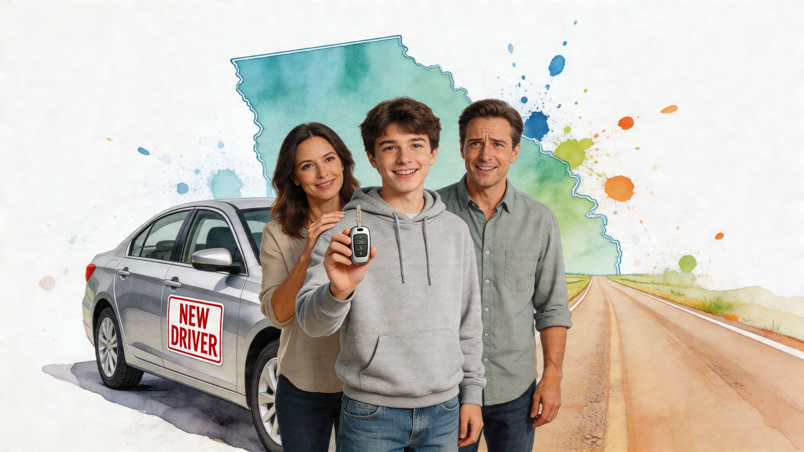 A happy family standing in front of a silver car with a new driver sign in Georgia.