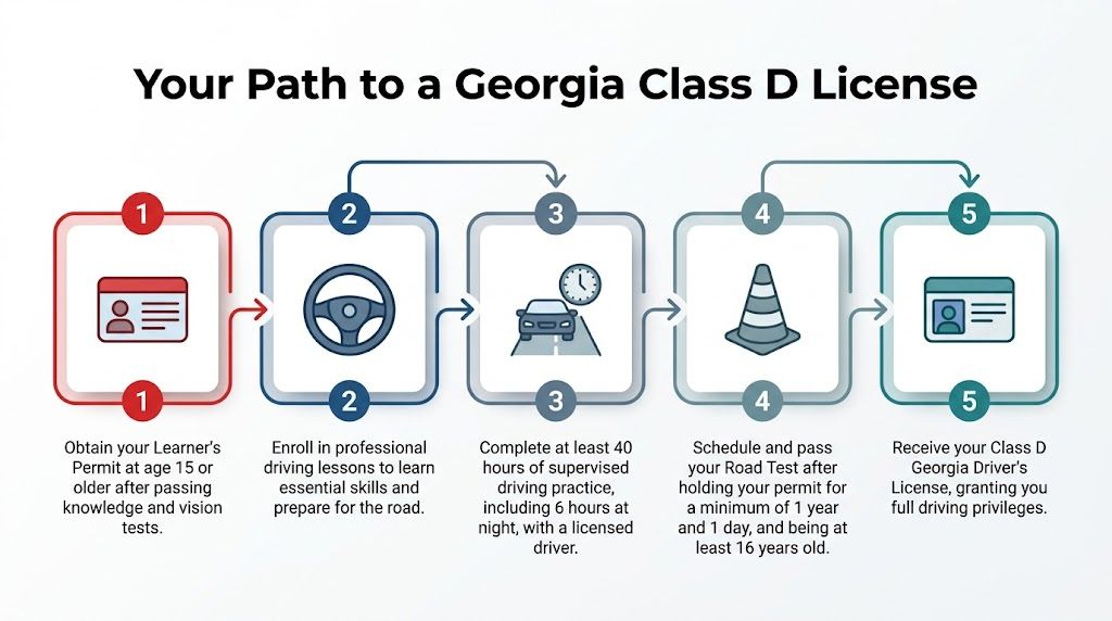 A flowchart showing the five steps to obtaining a Georgia Class D driver license.