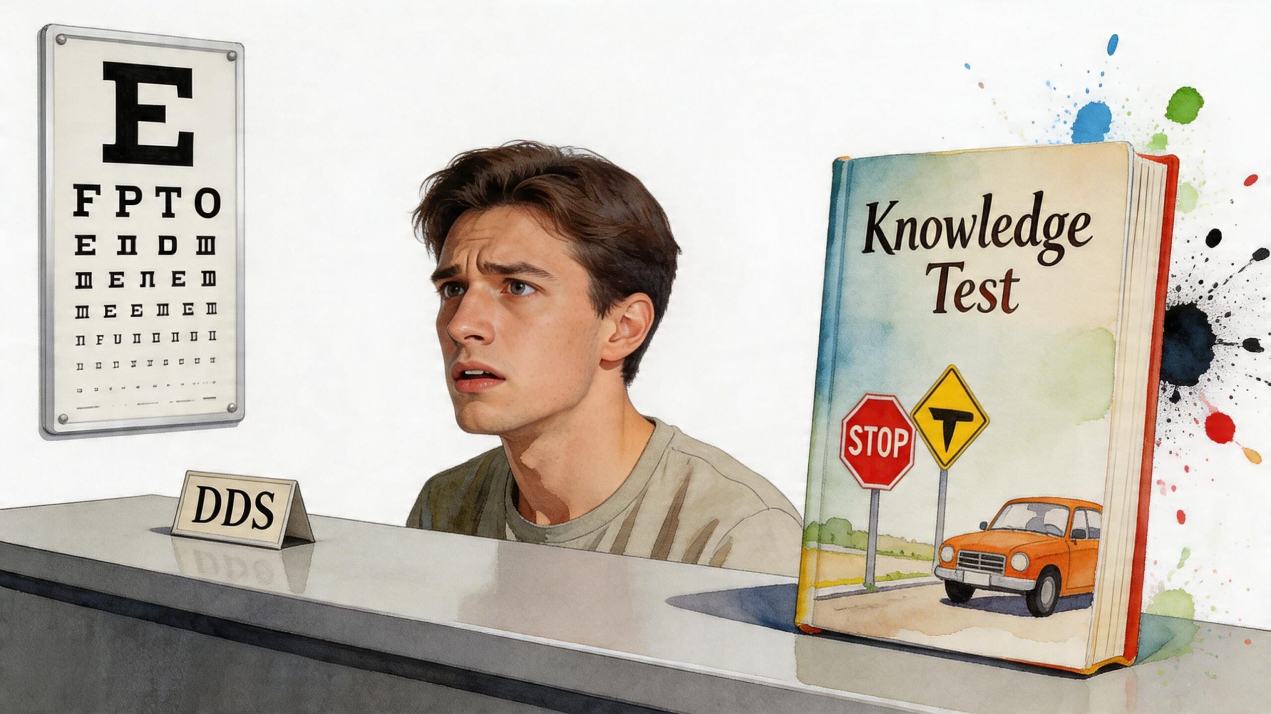 A confused young man at a counter next to a vision chart and a driving knowledge test book.