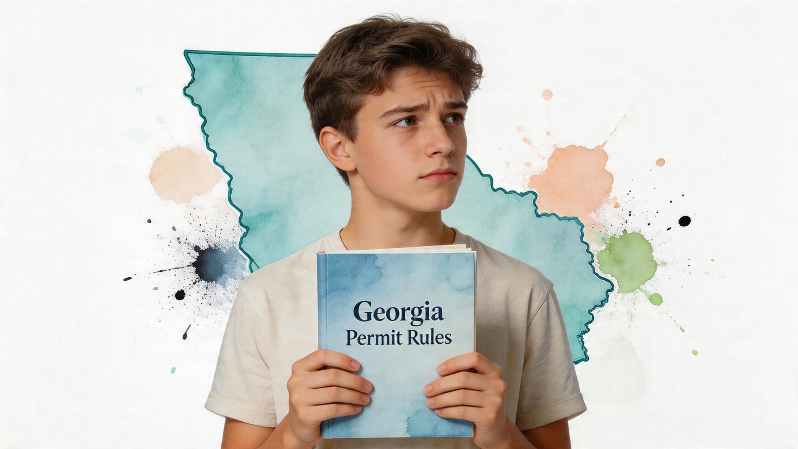 A teenage boy holding a Georgia permit rules guidebook in front of a state map background.