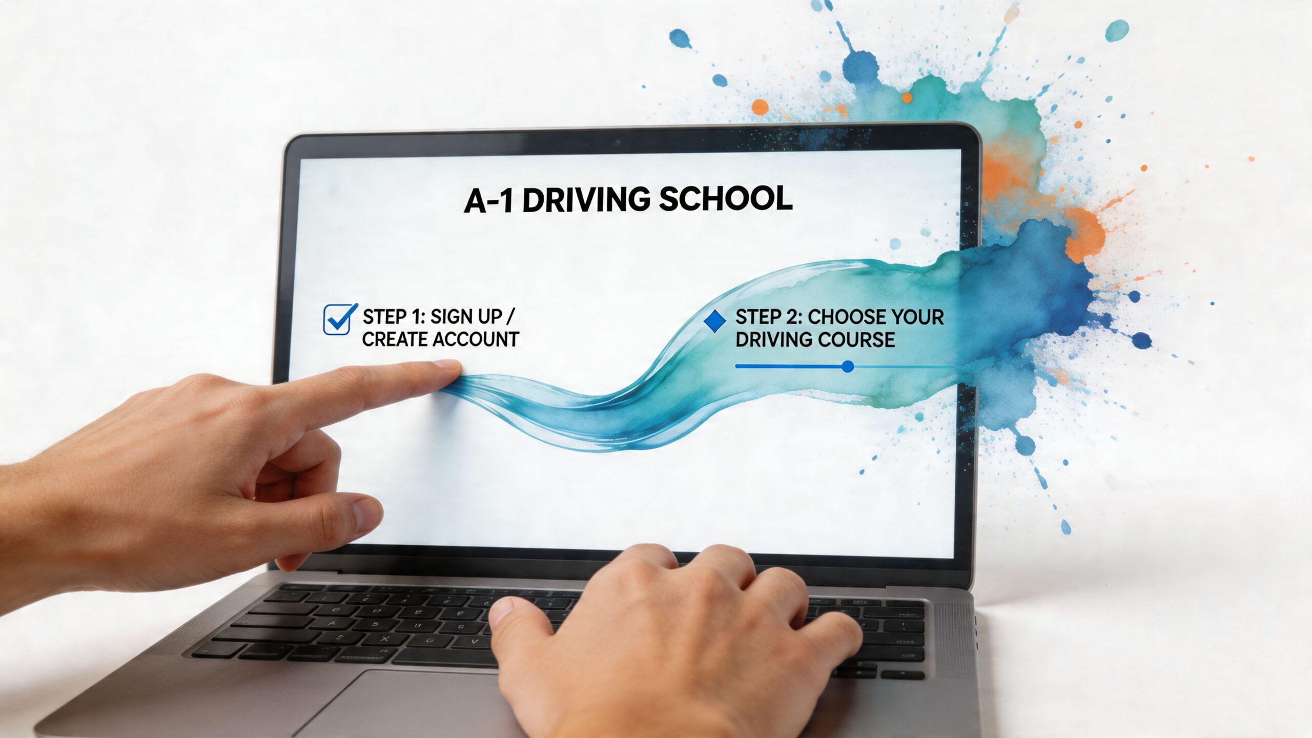 A person using a laptop to navigate the A-1 Driving School sign up process online.