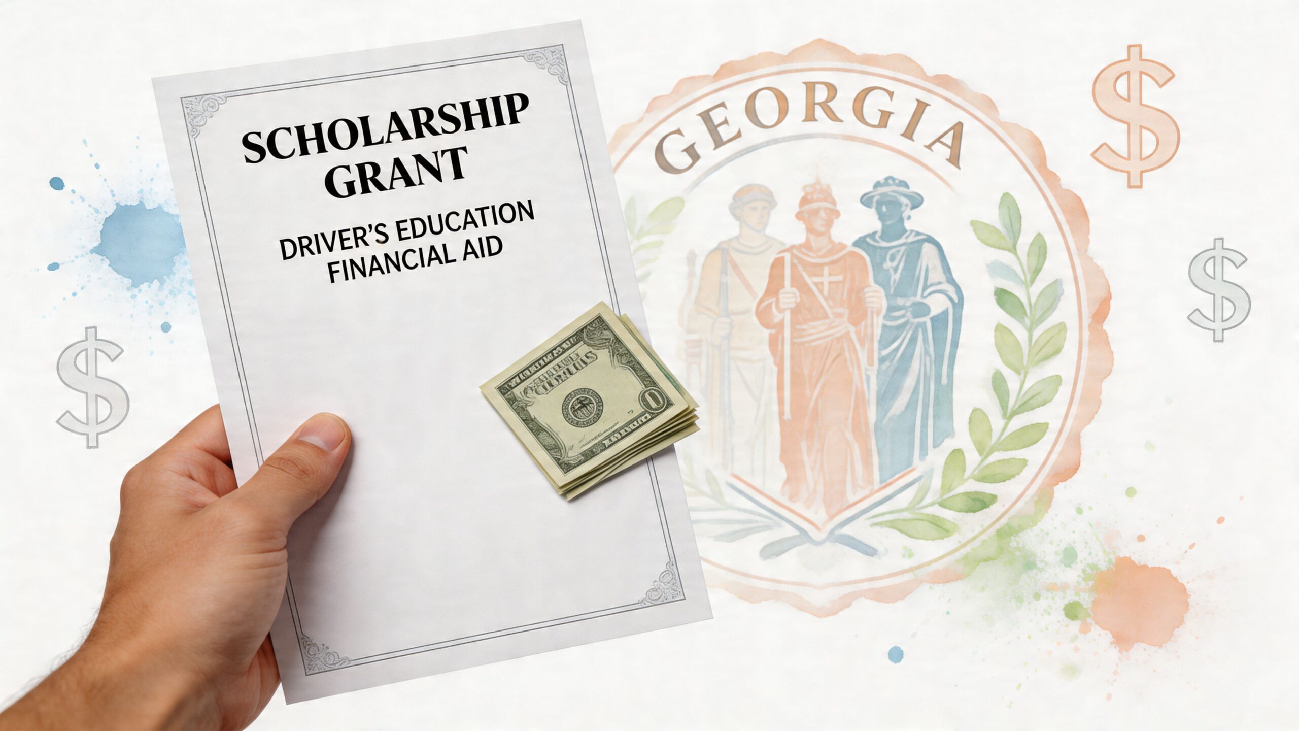 A hand holding a scholarship grant certificate for driver's education financial aid in the state of Georgia.