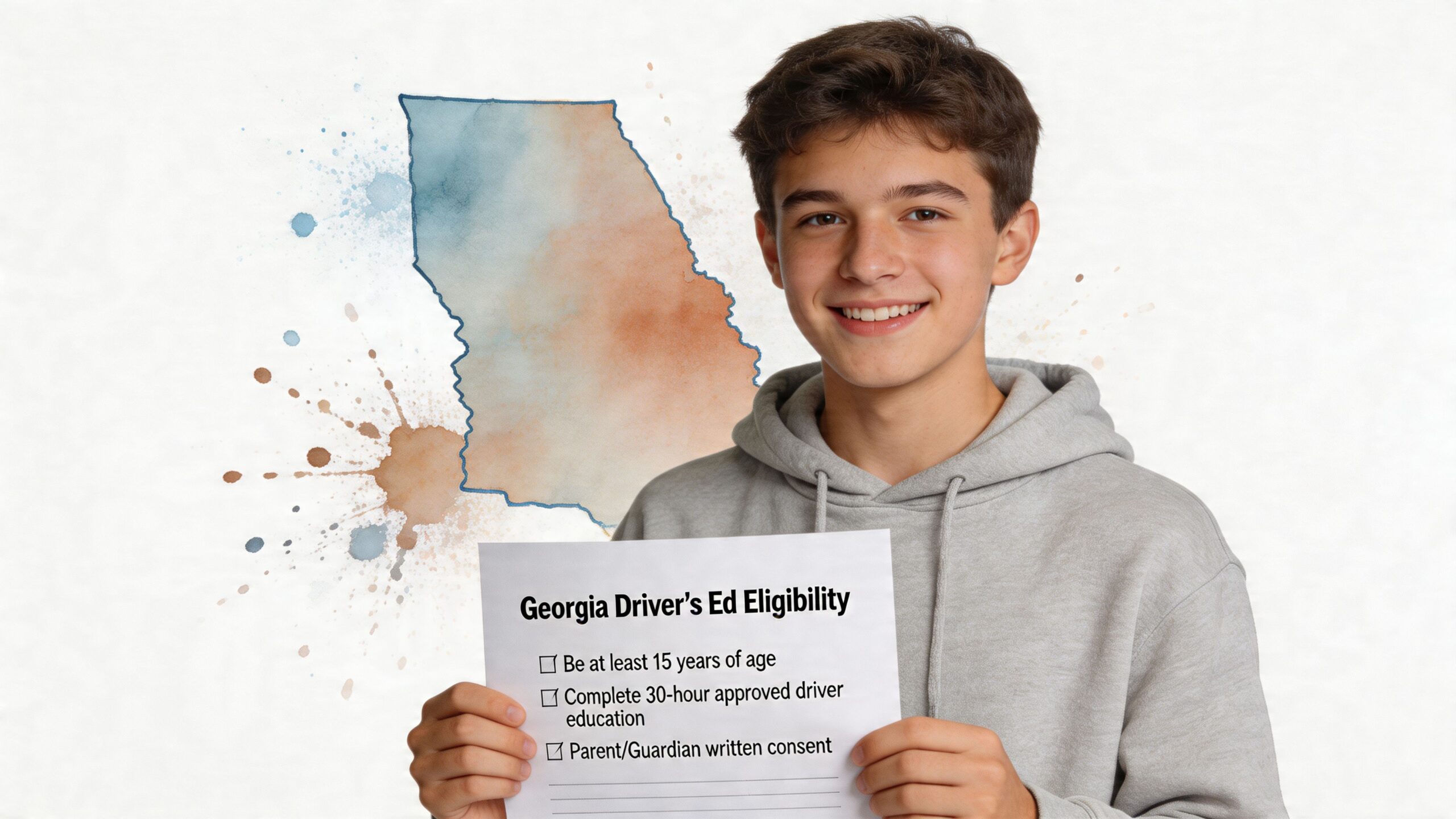 A teenage boy holding a paper outlining Georgia Driver's Ed eligibility requirements in front of a map.