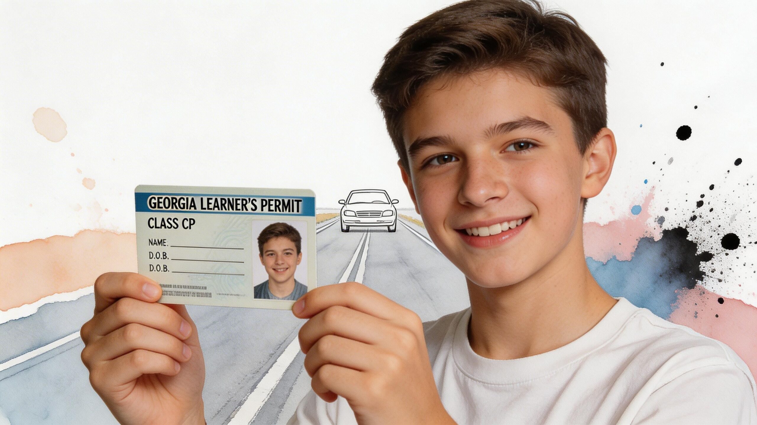 A happy teenage boy holding a blank Georgia Learner's Permit card in front of an illustrated background.