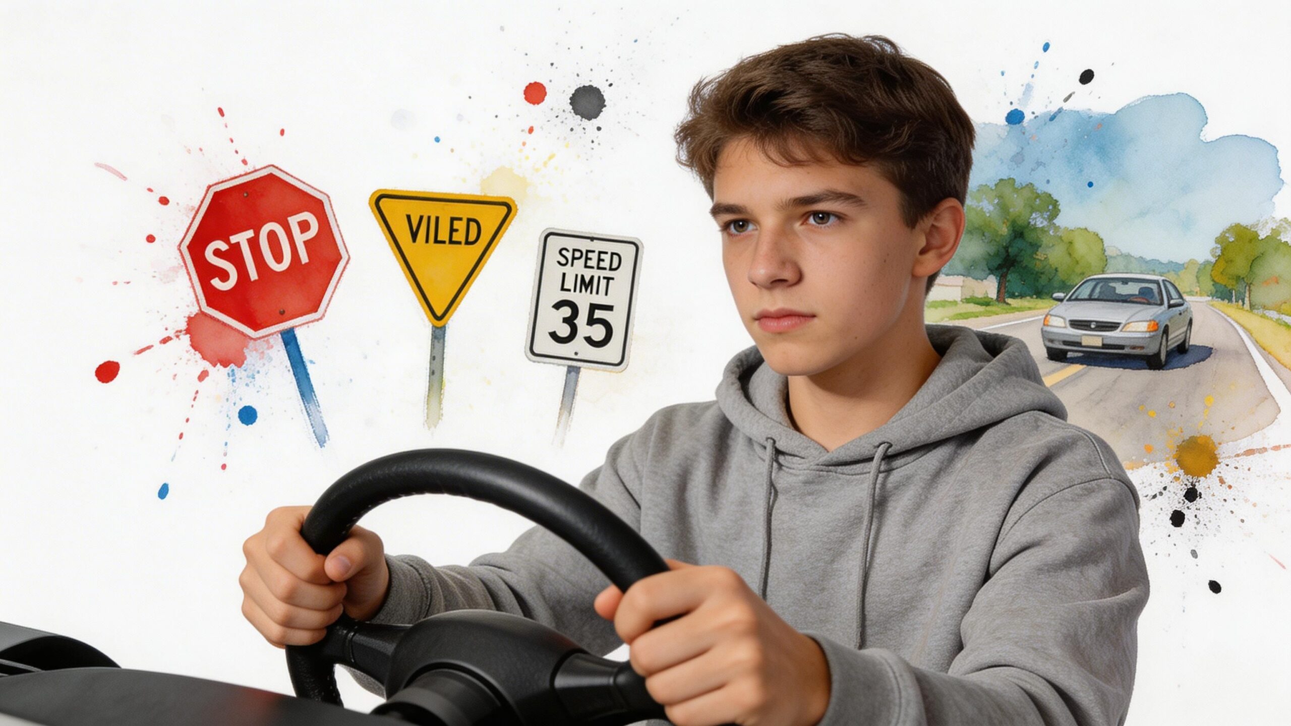 A young teenager focused on learning to drive with road signs and a car in the background.