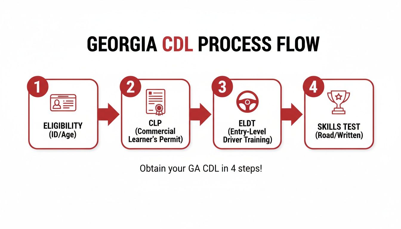 A four-step process flow diagram for obtaining a Georgia CDL, detailing eligibility, permit, training, and skills test.