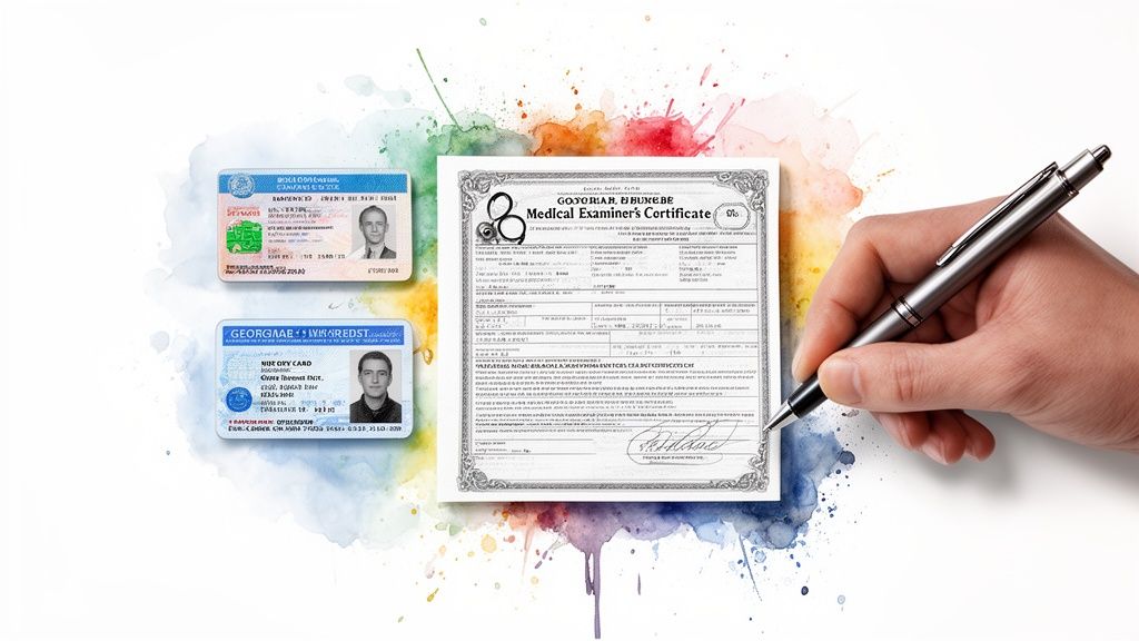 A hand signs a medical examiner's certificate, accompanied by two identification cards, on a colorful watercolor background.