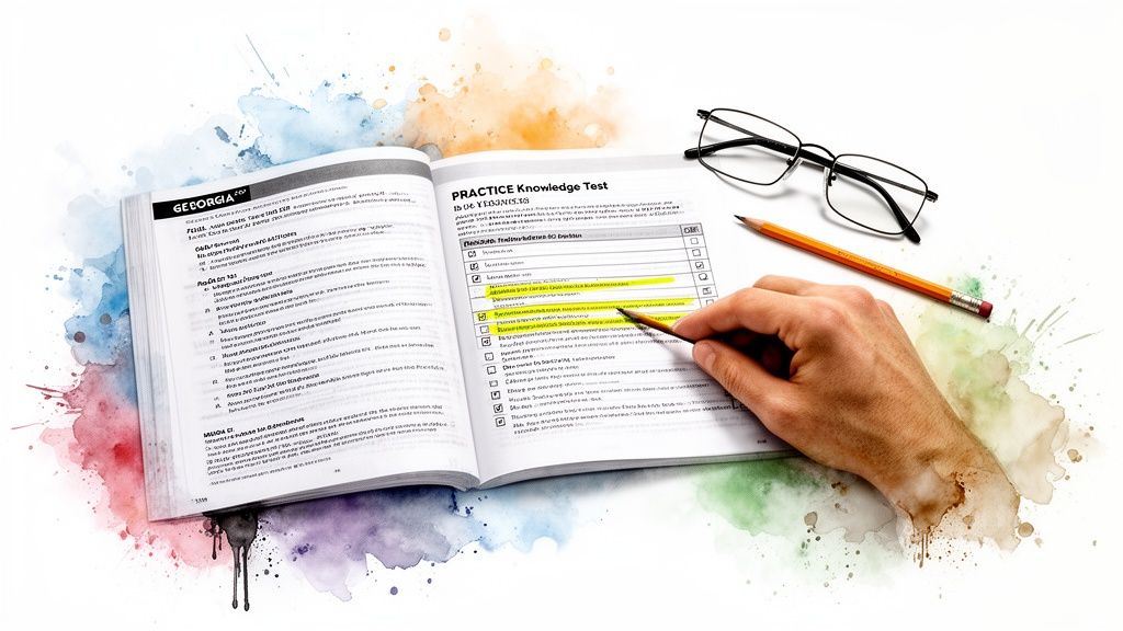 A student's hand highlights key information in an open textbook for a knowledge test.