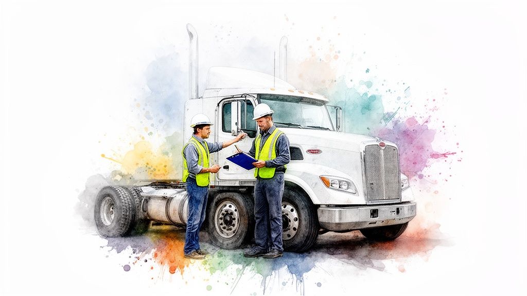 Two men in hard hats and safety vests inspecting a white semi-truck, with watercolor splashes.