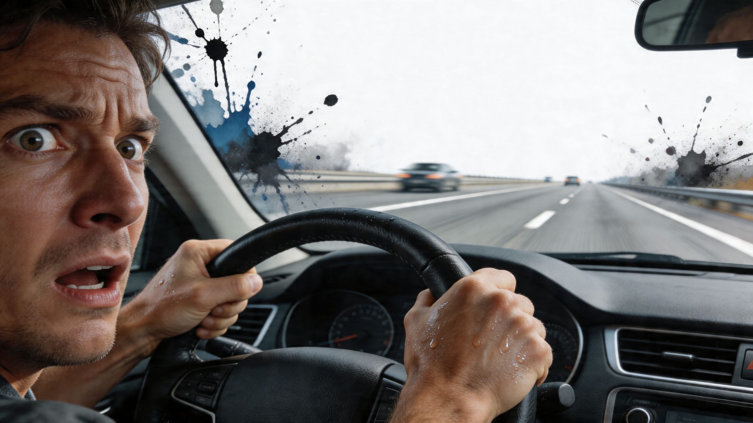 A terrified man holding the steering wheel while driving on a highway with a dirty windshield.