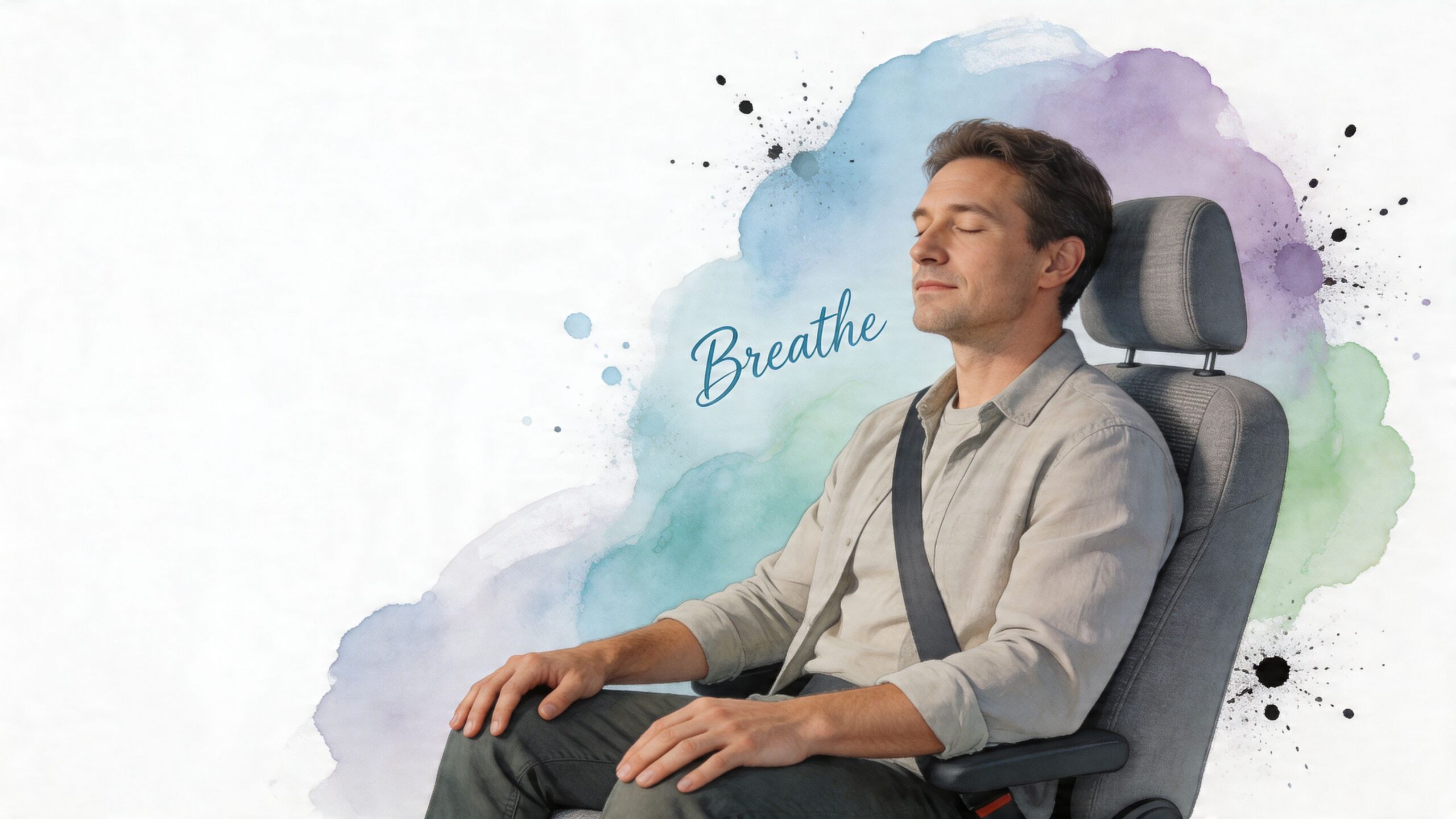 A calm man sitting in a car seat with eyes closed, practicing mindfulness to overcome driving anxiety.