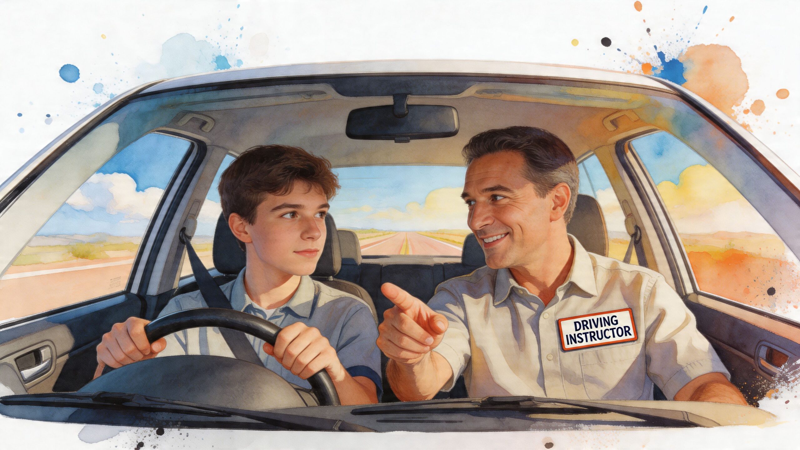 A teenage boy sitting in the driver seat receiving instructions from his smiling professional driving instructor.