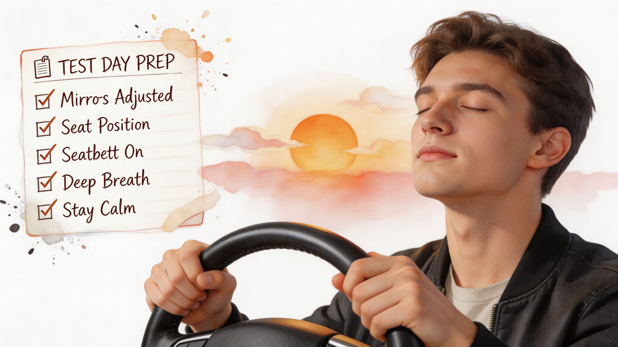 A young man sitting in a car with eyes closed, visualizing a calm driving test preparation checklist.