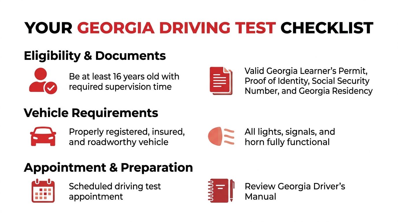 A checklist infographic outlining eligibility, documents, vehicle requirements, and preparation steps for the Georgia driving test.