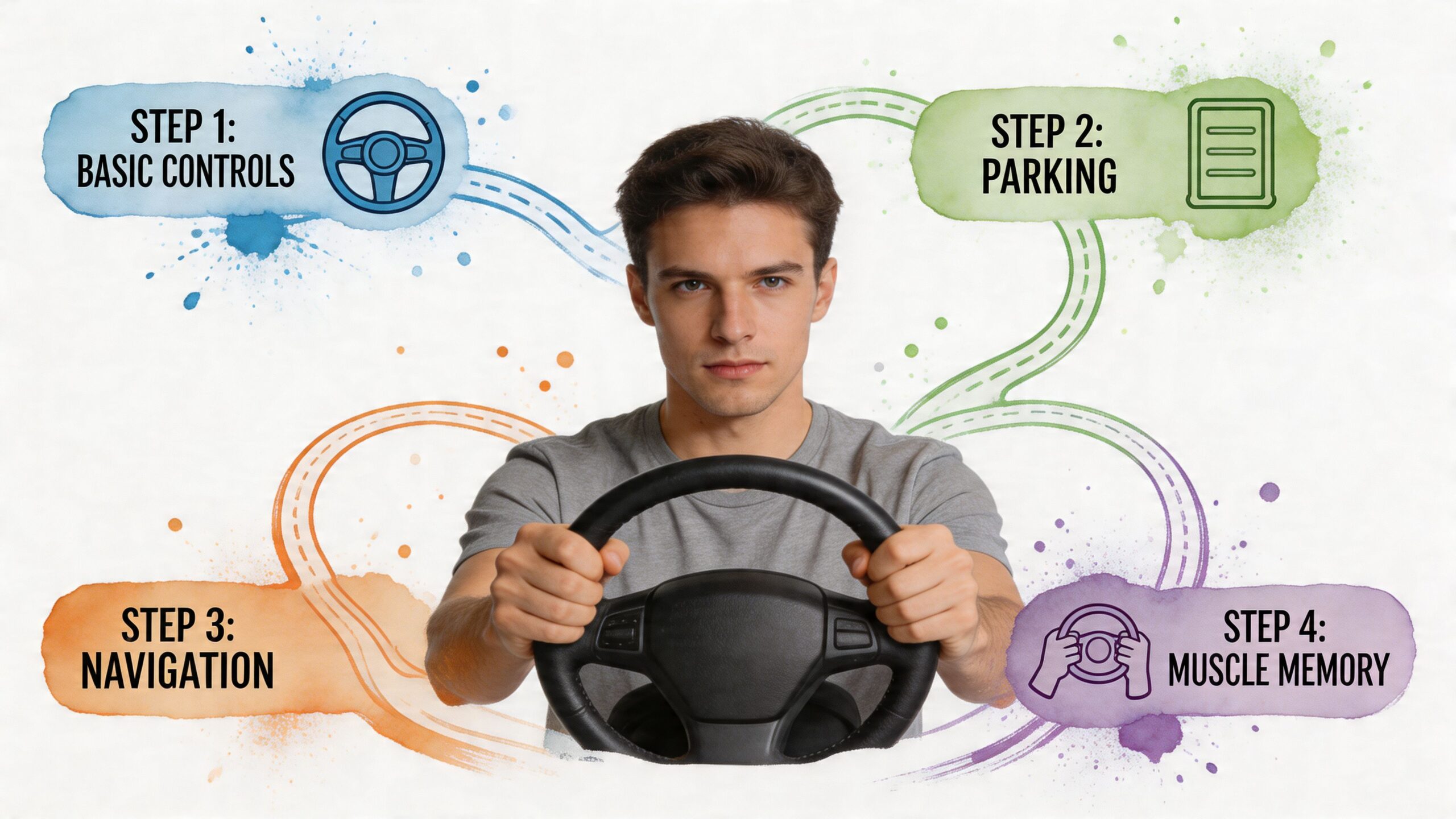 A young man holding a steering wheel with four infographic steps about learning to drive.