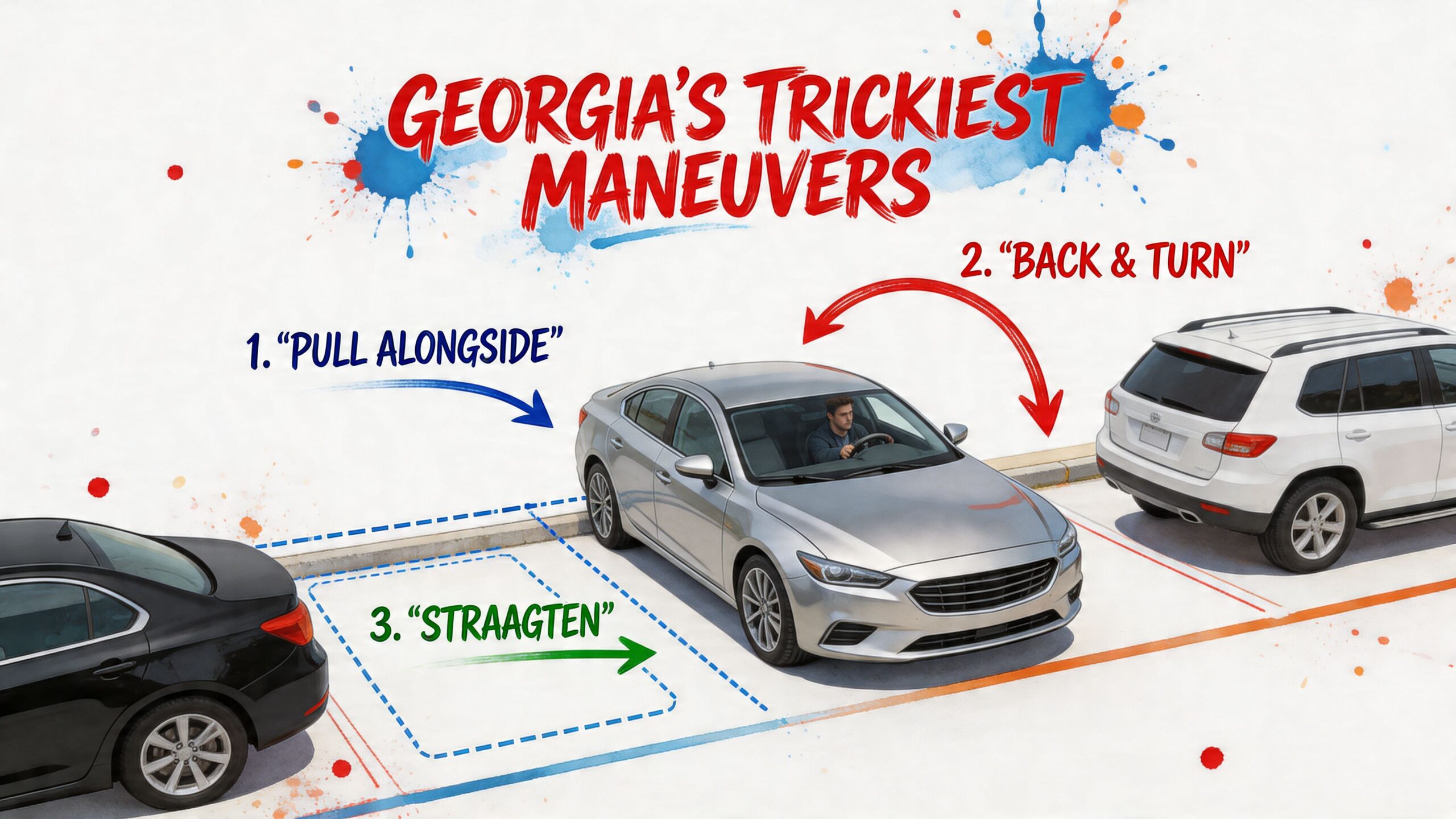 A diagram illustrating three parking maneuvers labeled with text to help new drivers prepare for a test.