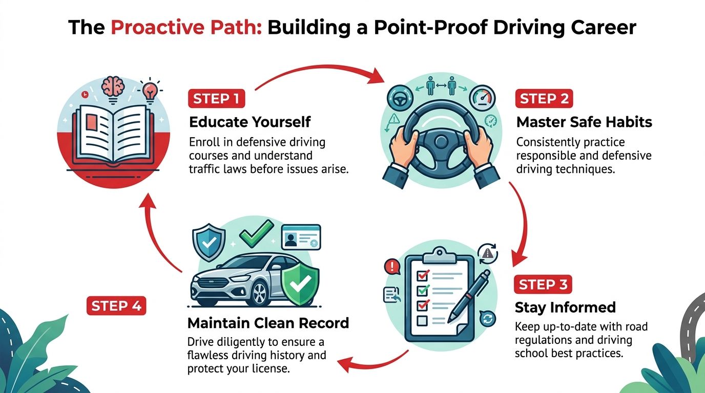 A cyclical infographic illustrating the proactive path to building a point-proof driving career in four clear steps.