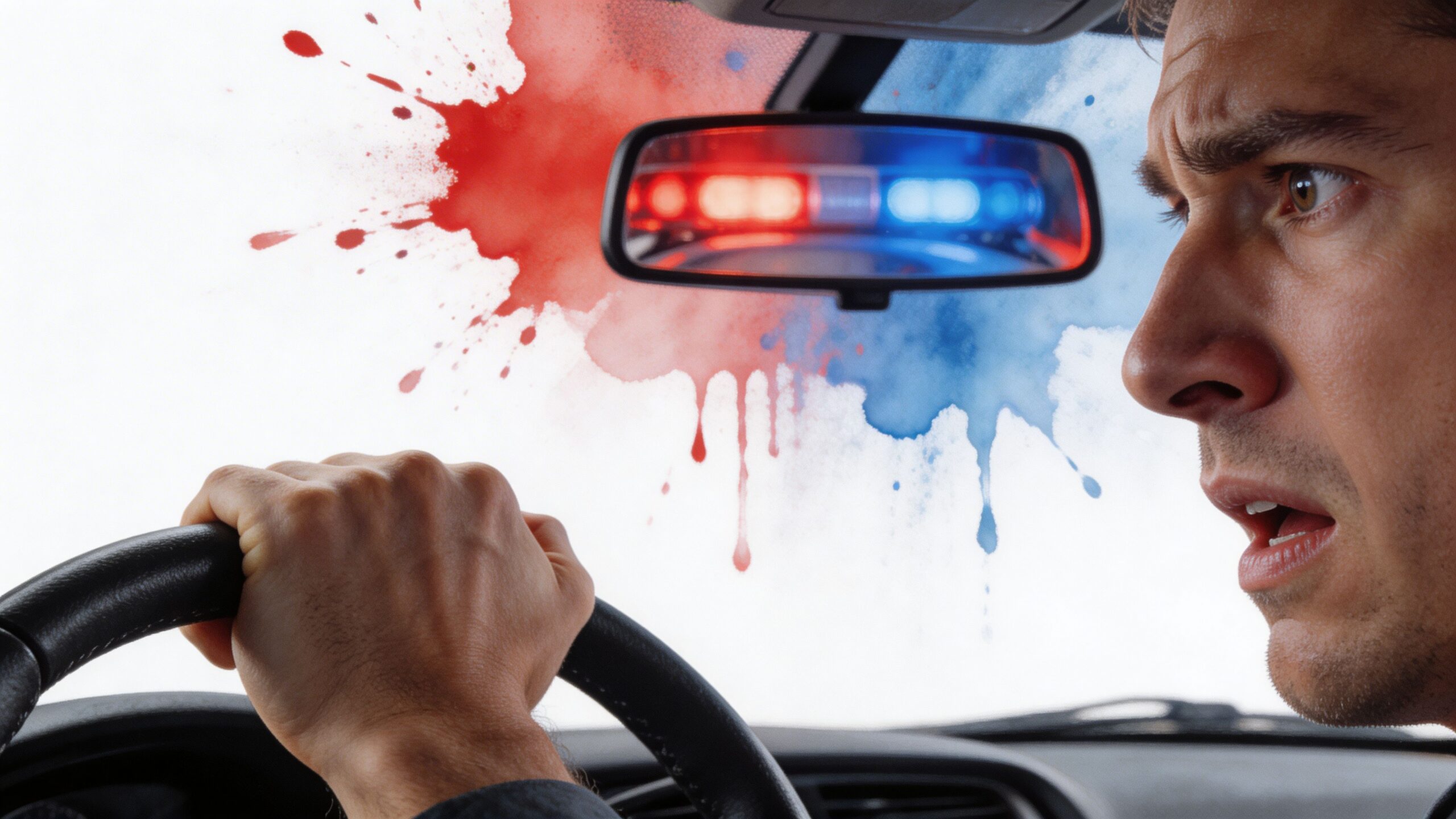 A worried driver looking into a rearview mirror reflecting flashing red and blue police emergency lights.
