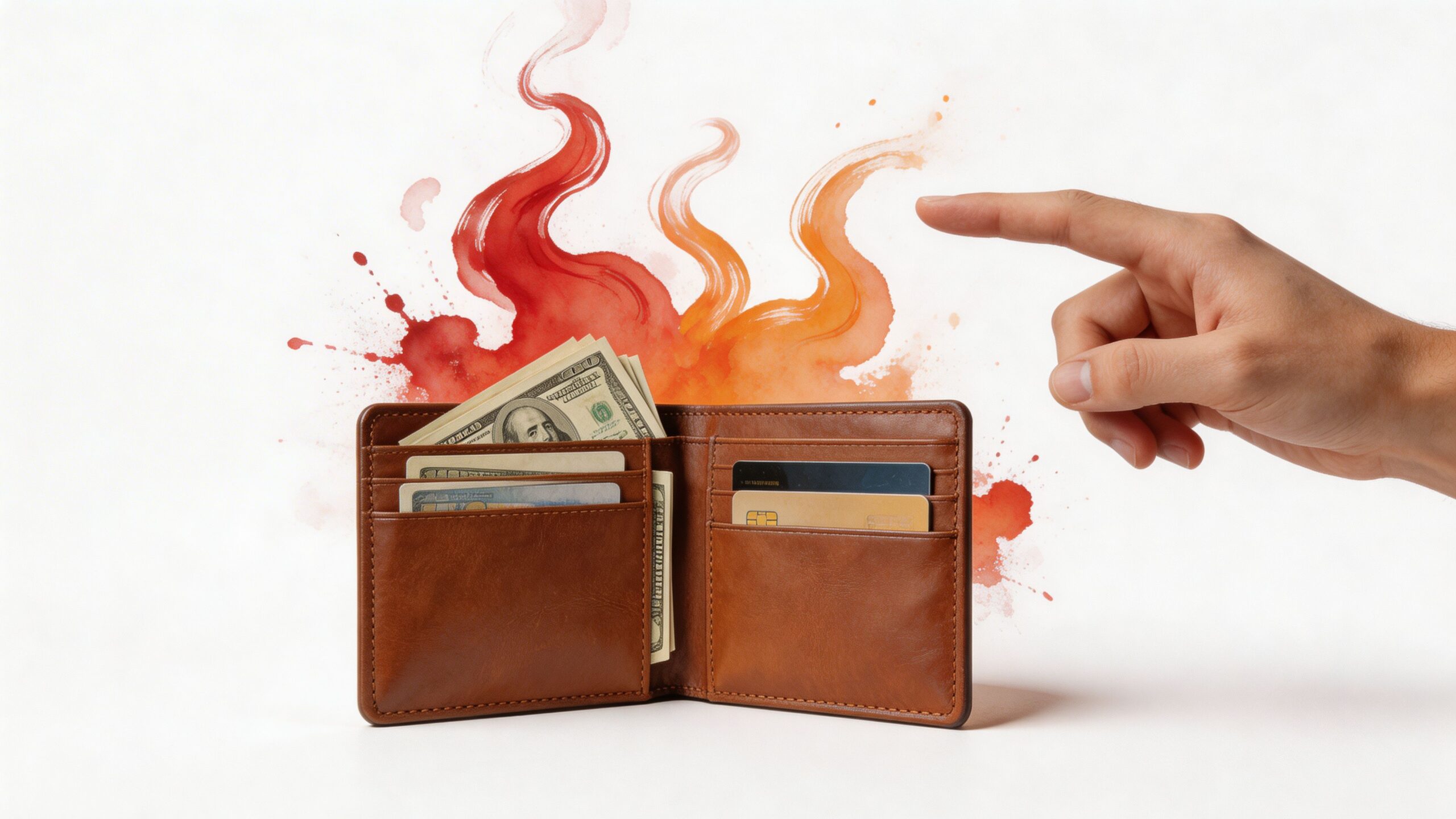 A hand pointing at a brown leather wallet filled with cash and credit cards with fire illustrations.