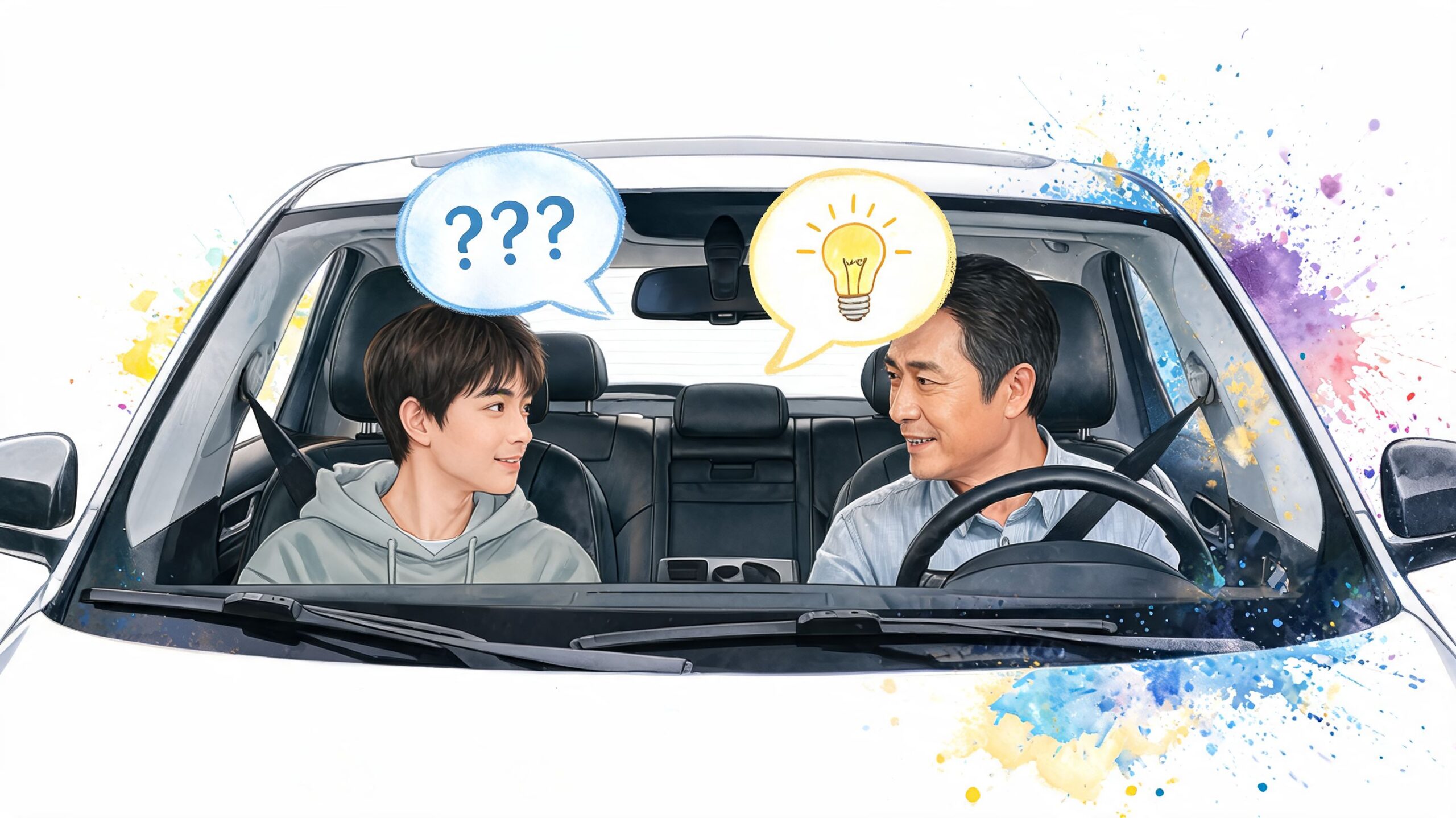 A teenager looking confused at his father who is teaching him to drive in a car.