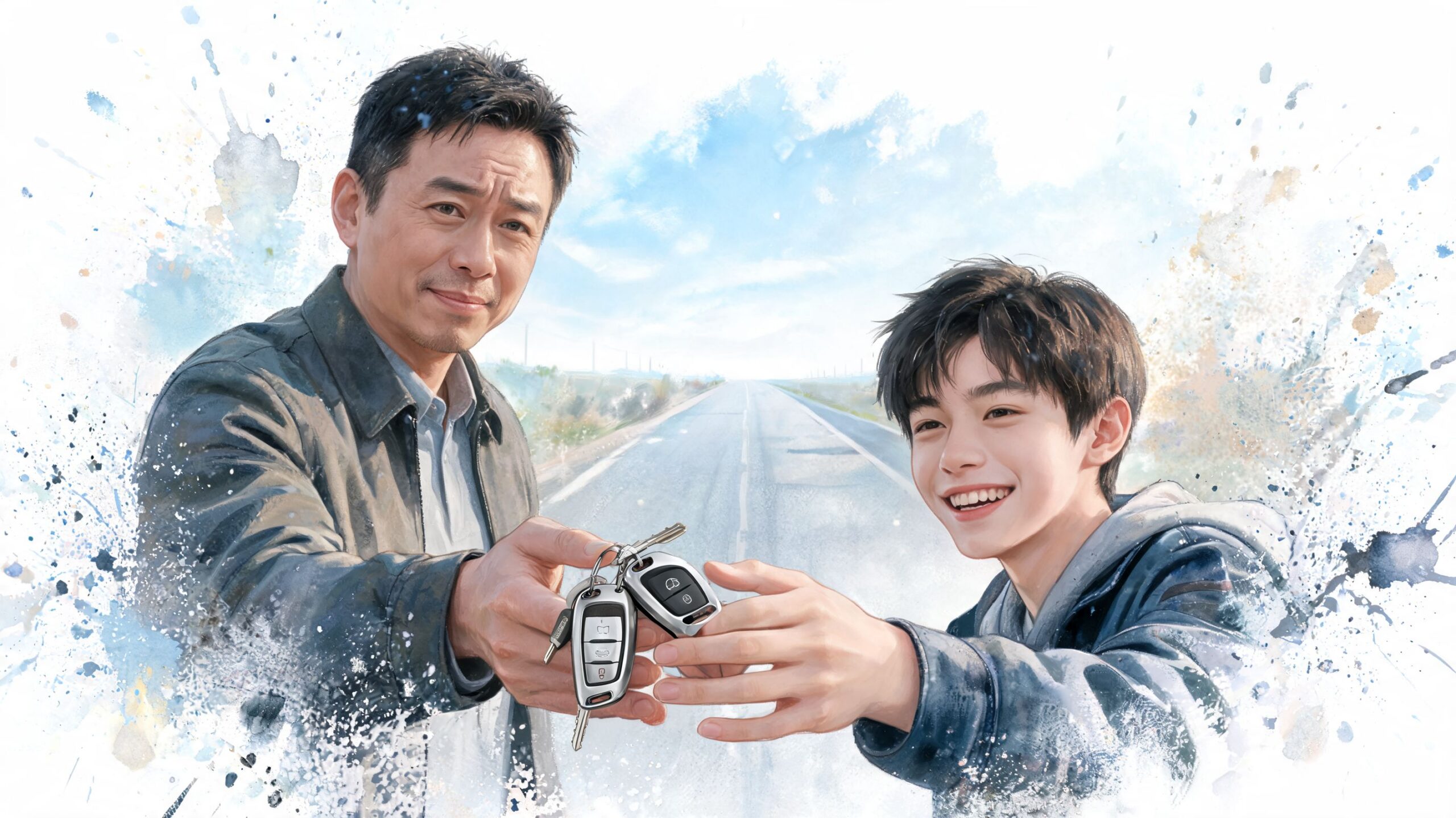 A father handing car keys to his happy teenage son as they stand before a long road.