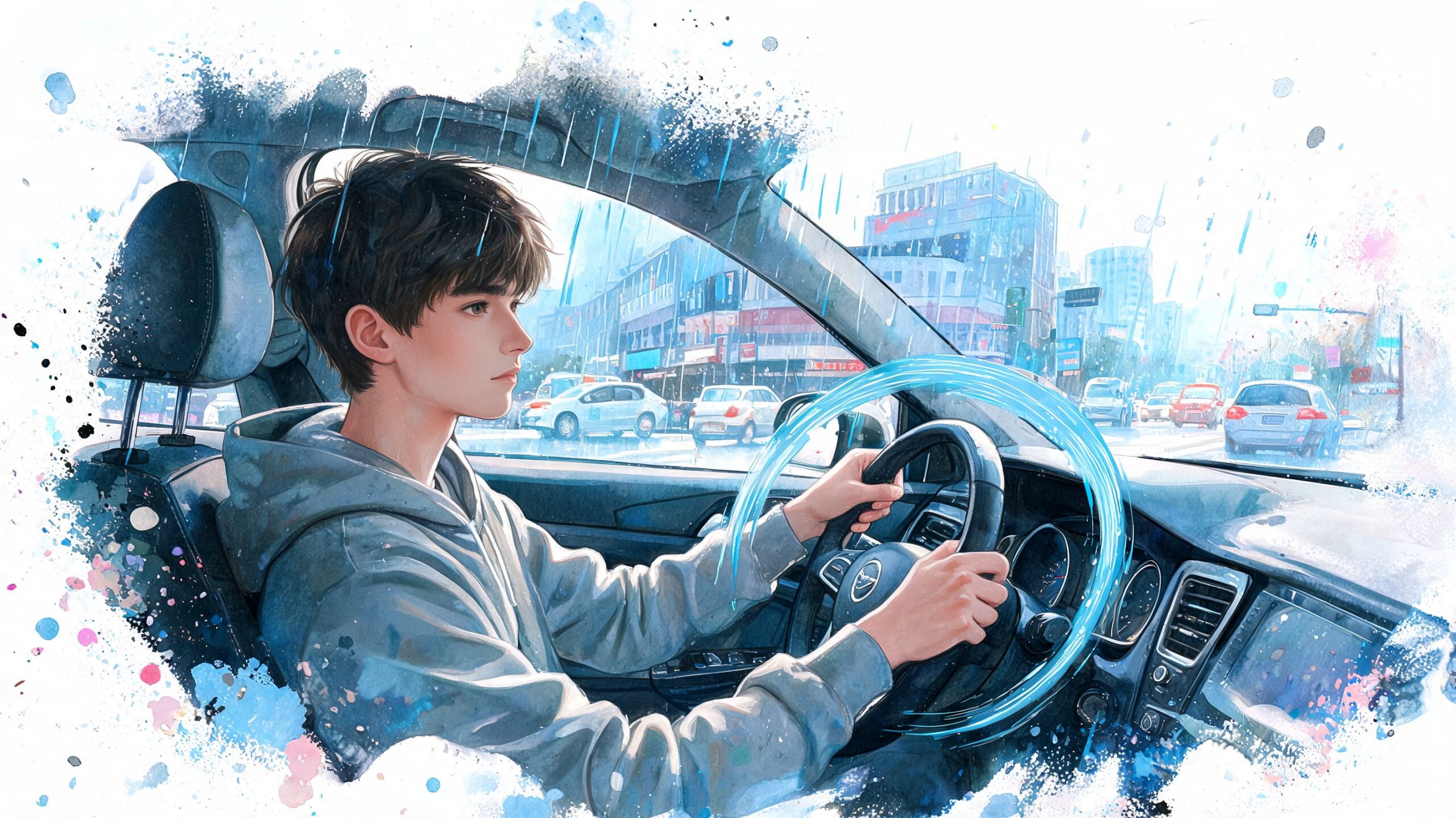 A young man with dark hair driving a car on a rainy day in the city.
