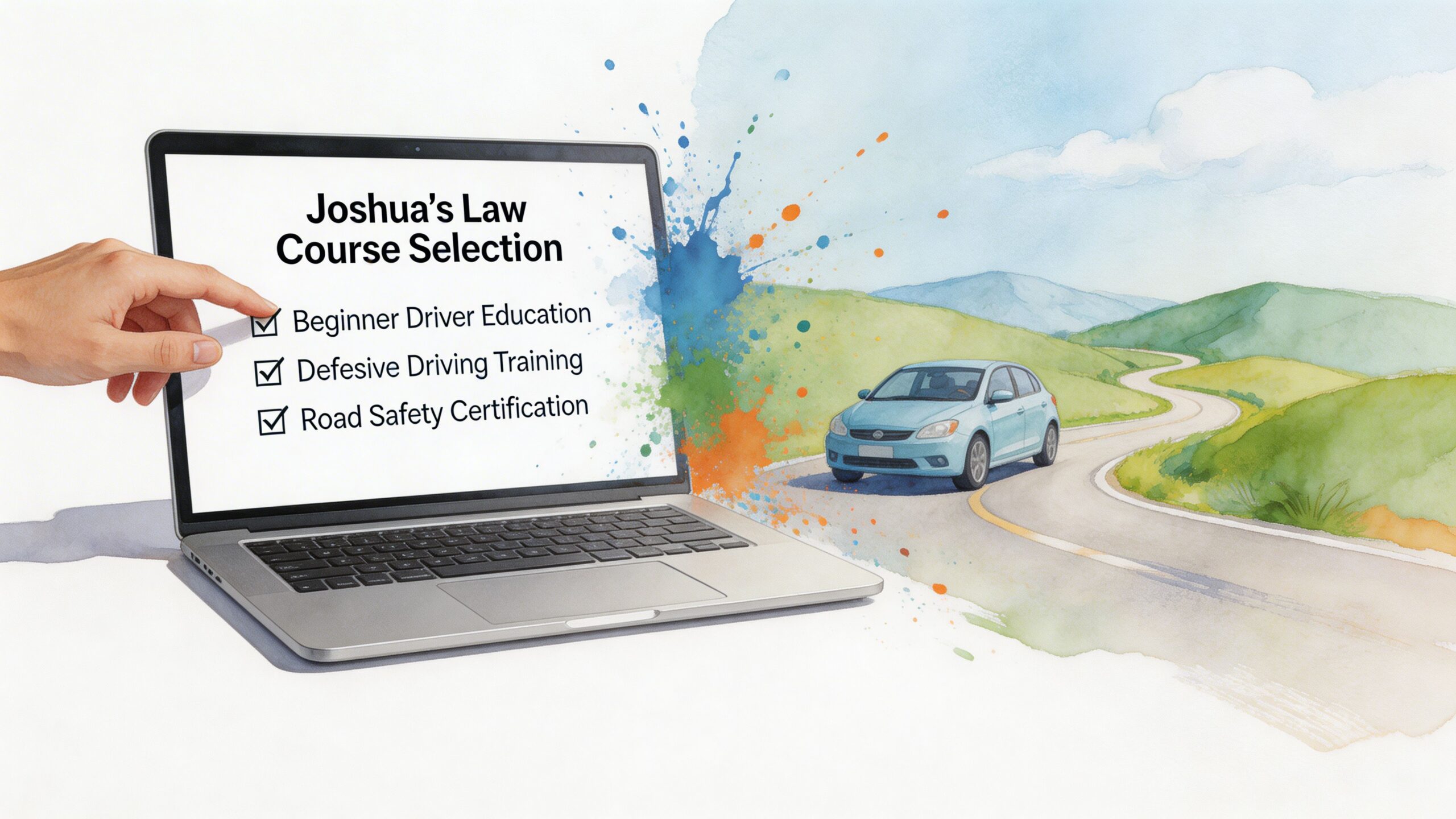 A hand selecting Joshua's Law online driving course options on a laptop screen with a road background.