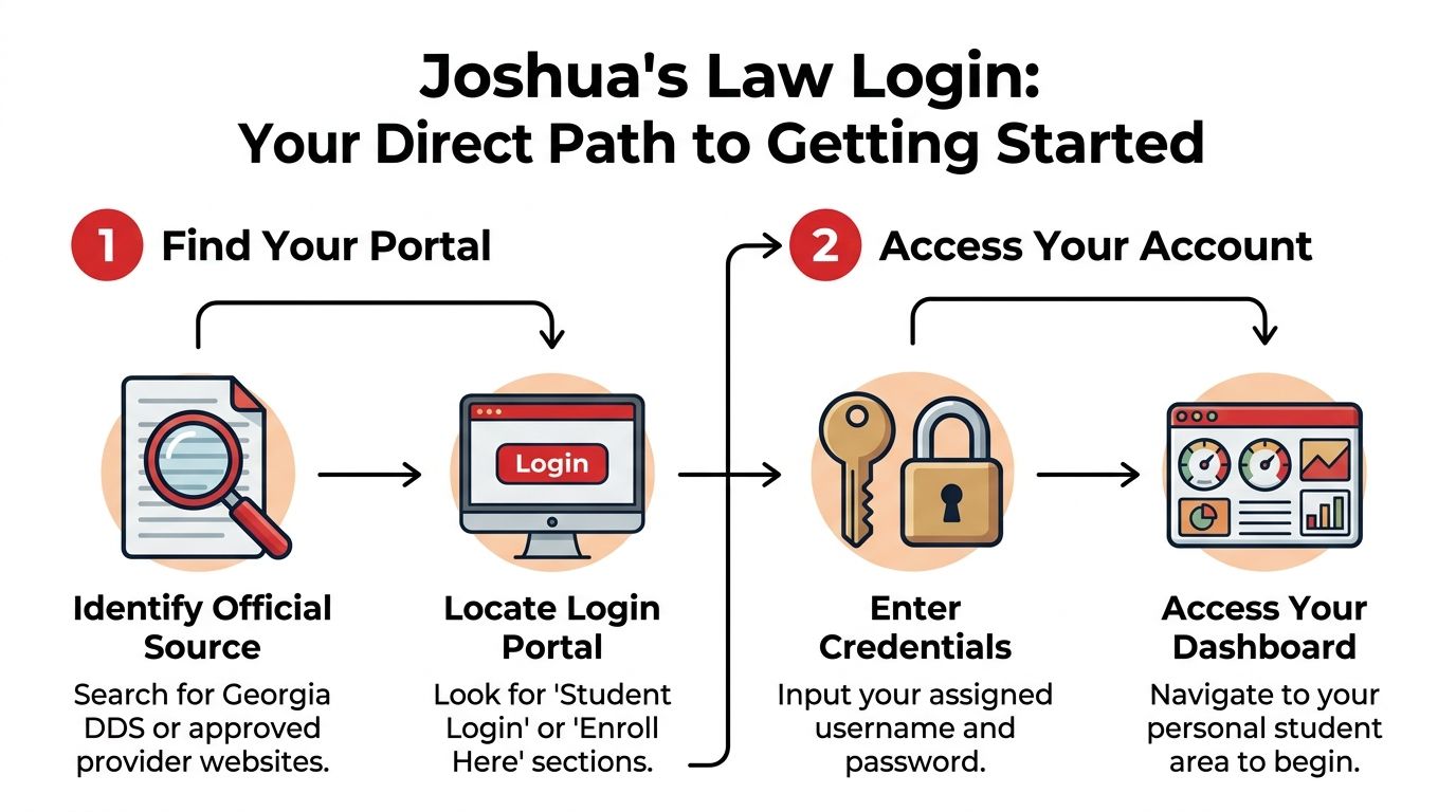 An infographic showing the two-step login process for the Georgia Joshua's Law online driver education program.