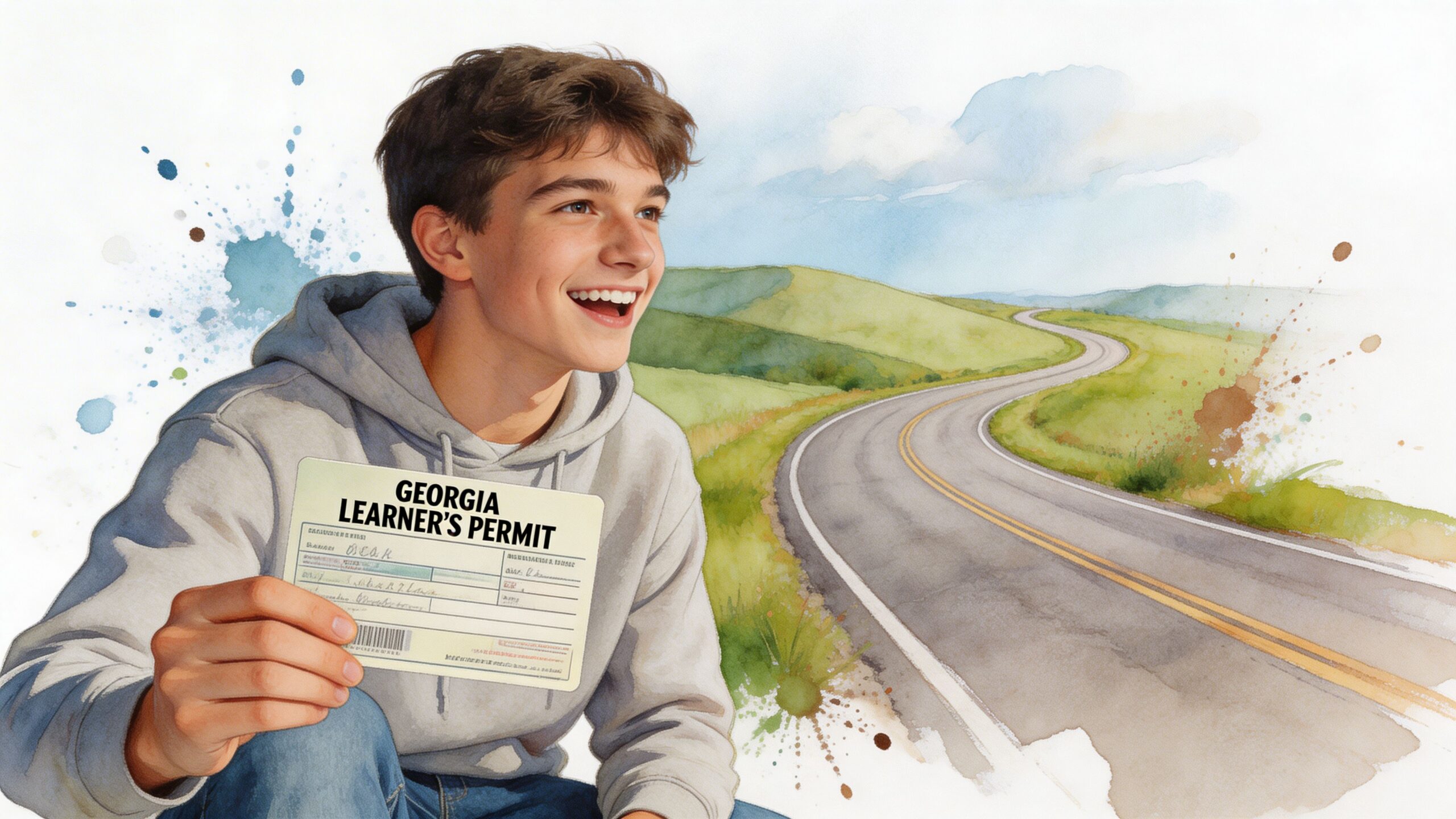 A happy teenager holding a Georgia learner's permit with a scenic winding road in the background.