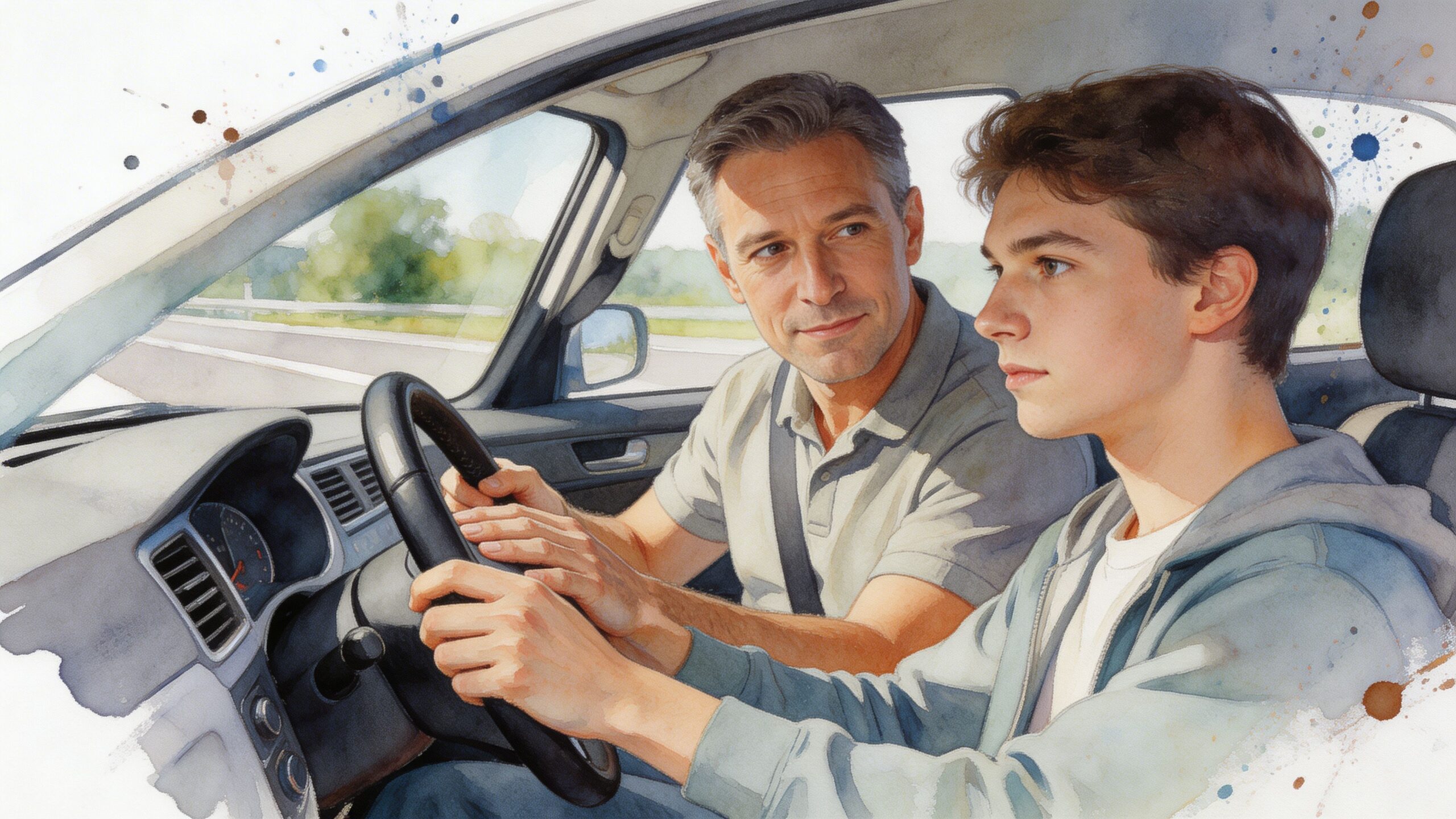 A father teaching his teenage son how to drive a car during a practice driving lesson.