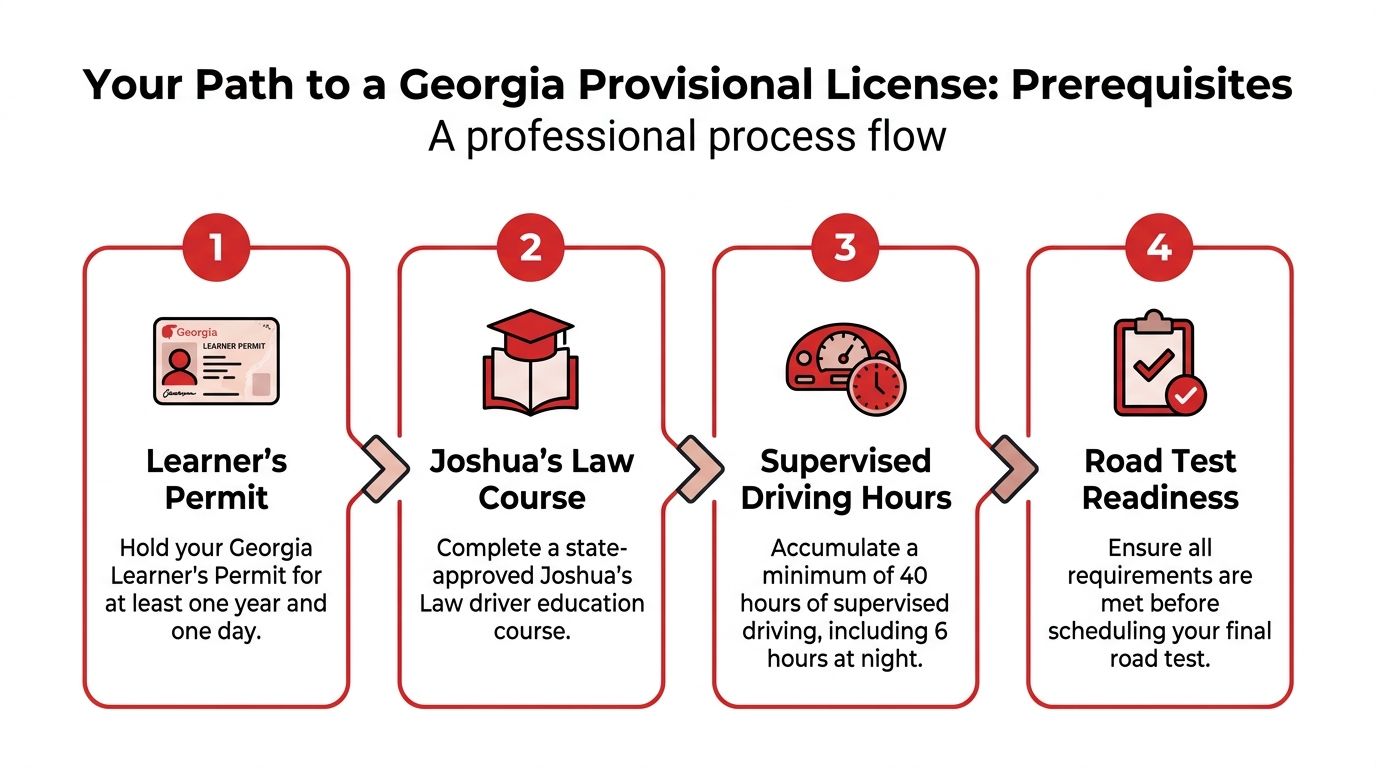 A four-step infographic illustrating the requirements for obtaining a Georgia Provisional Driver's License.