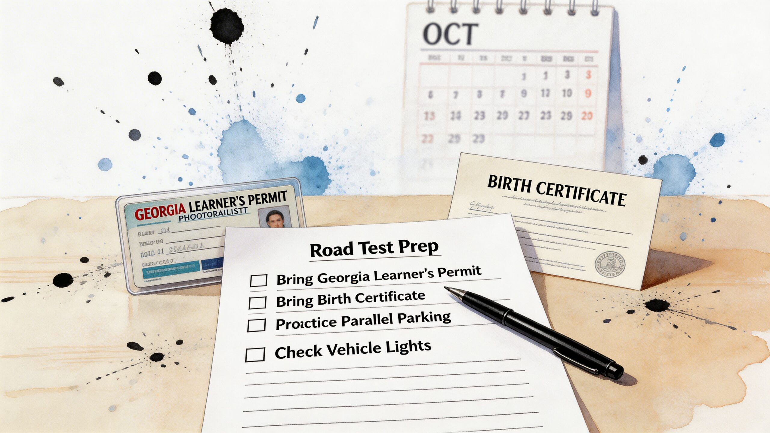 A checklist for a Georgia road test prep with a learner permit and a birth certificate.