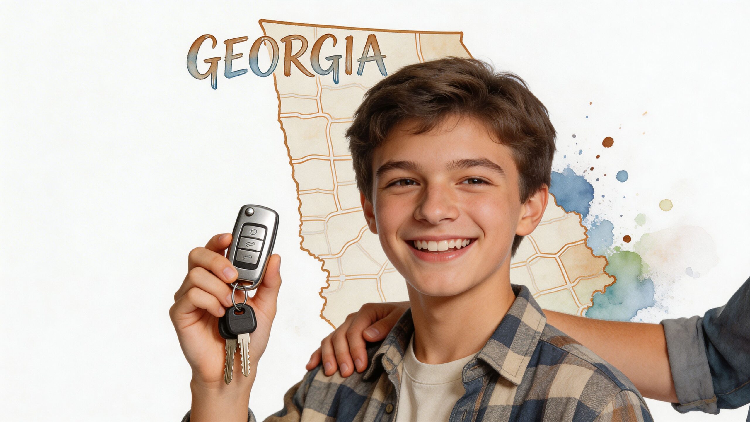 A smiling young teenager holding up car keys in front of a map of Georgia state.