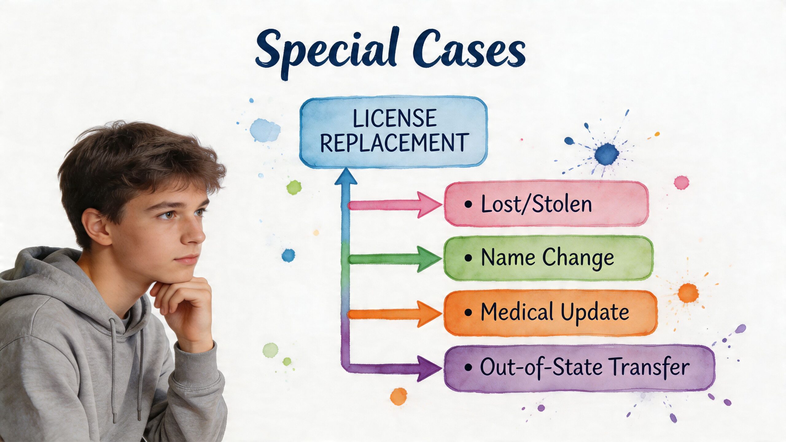 A young man looking at an infographic explaining various reasons for a driver license replacement.