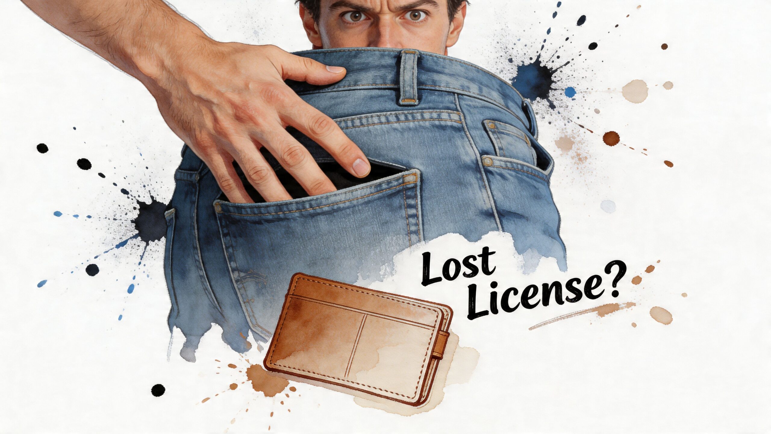 A person looking worried about a lost wallet and driver's license near their blue jeans pocket.