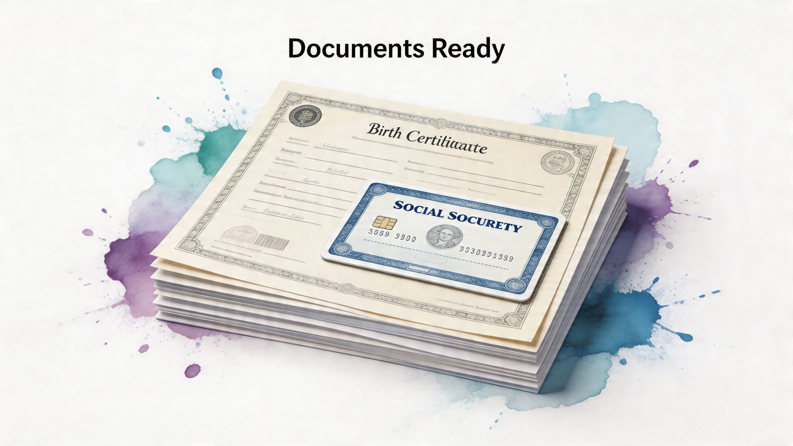 A stack of official documents including a birth certificate and a social security card on watercolor background.